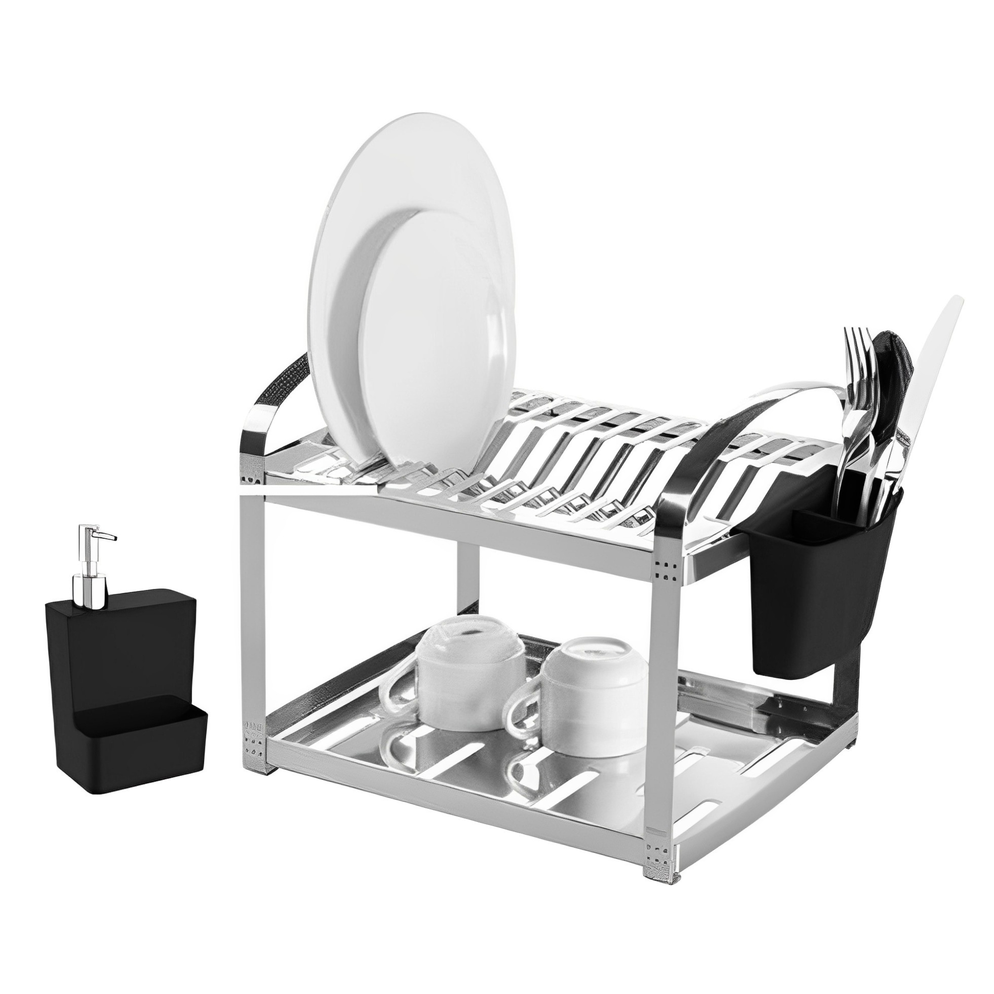 Escorredor Inox Dispenser e Esponja 2 Andares c/ Porta Talher Até 12 Pratos Brinox - 2099/492