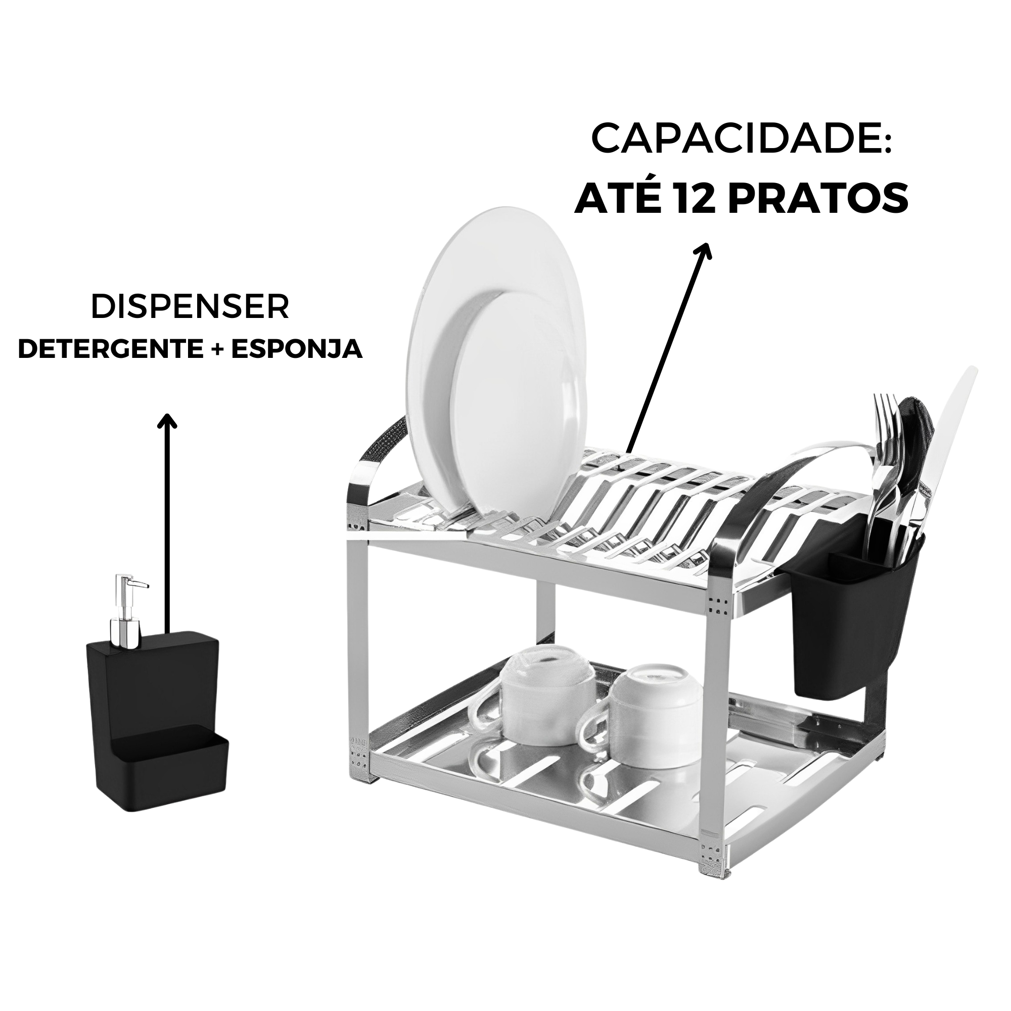 Escorredor Inox Dispenser e Esponja 2 Andares c/ Porta Talher Até 12 Pratos Brinox - 2099/492