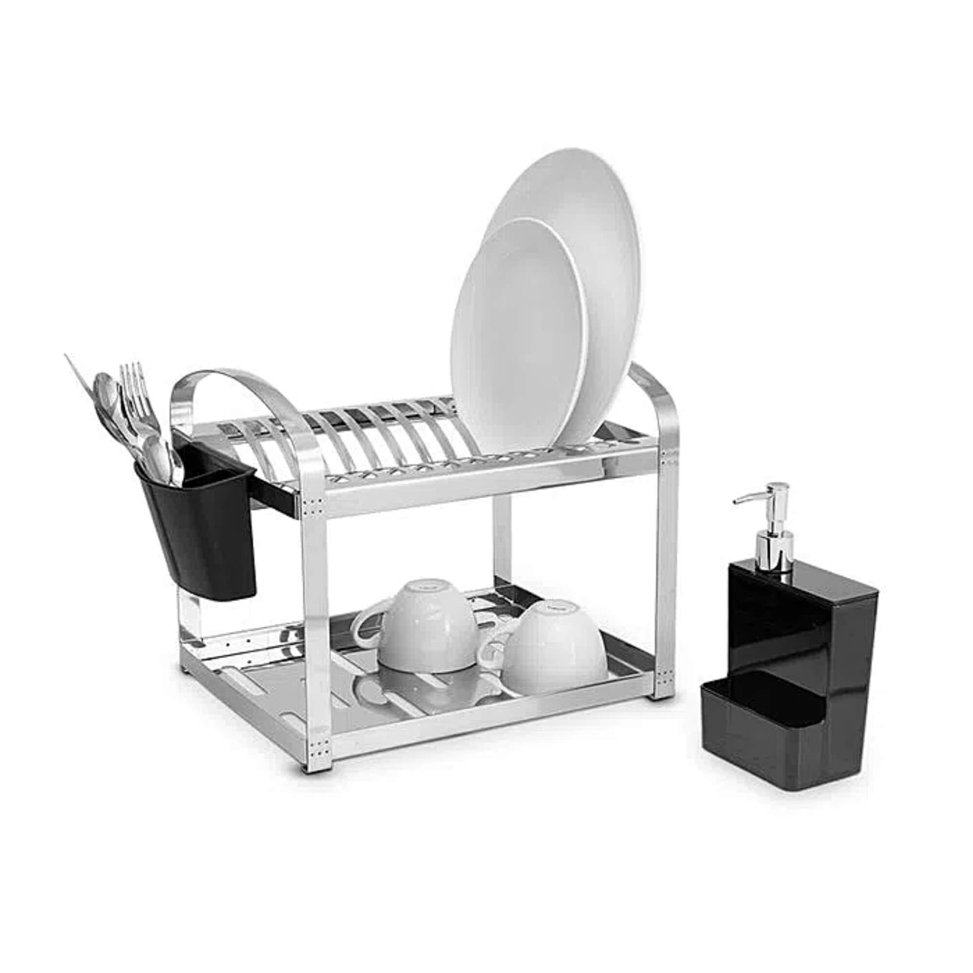 Escorredor Inox Dispenser e Esponja 2 Andares c/ Porta Talher Até 12 Pratos Brinox - 2099/492