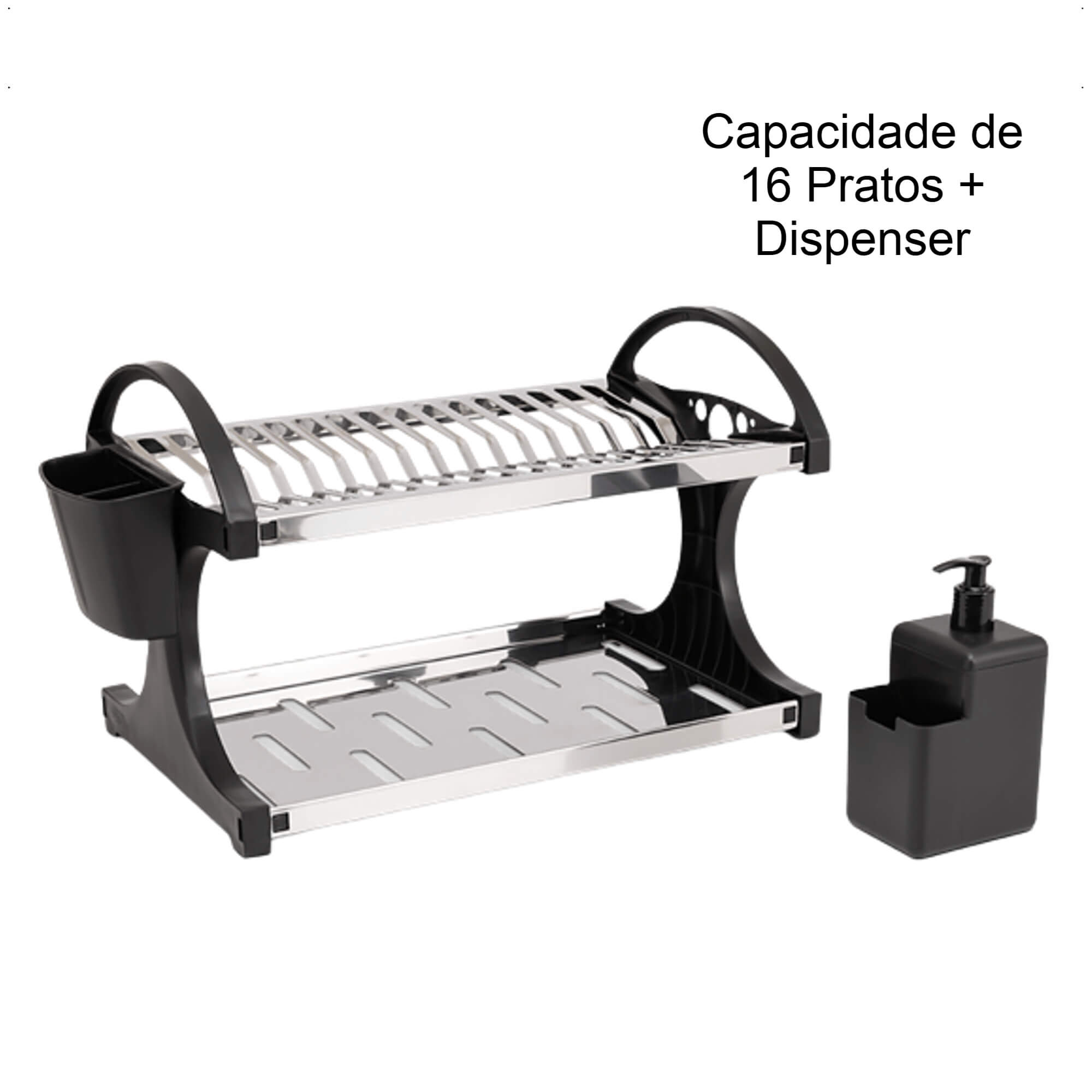 Escorredor 16 pratos Brinox Dispenser Esponja 2 andares Porta Talher Coza Preto Brinox 2104/491