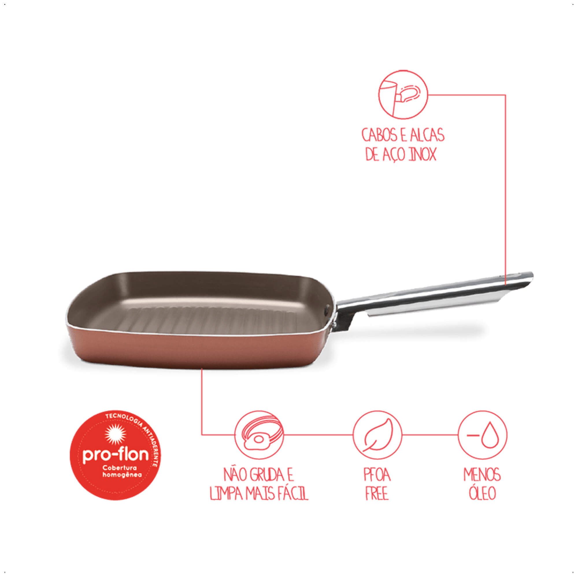 Panela Grill Curry Antiaderente Alumínio 24cm 1,3L Cor Cobre sem Tampa Brinox - 7070/154