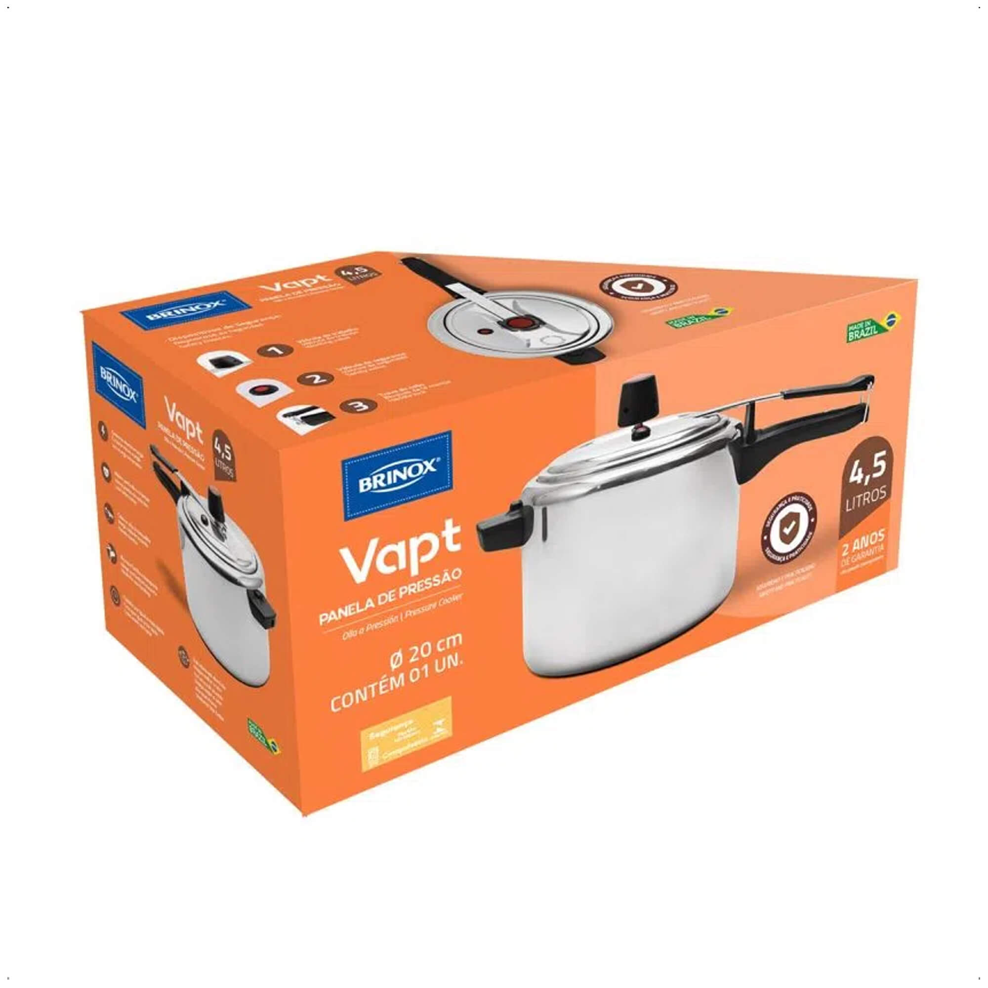 Panela de Pressão Polida 4,5L Alumínio Antiaderente Cozimento Rápido Vapt Brinox - 7098/168