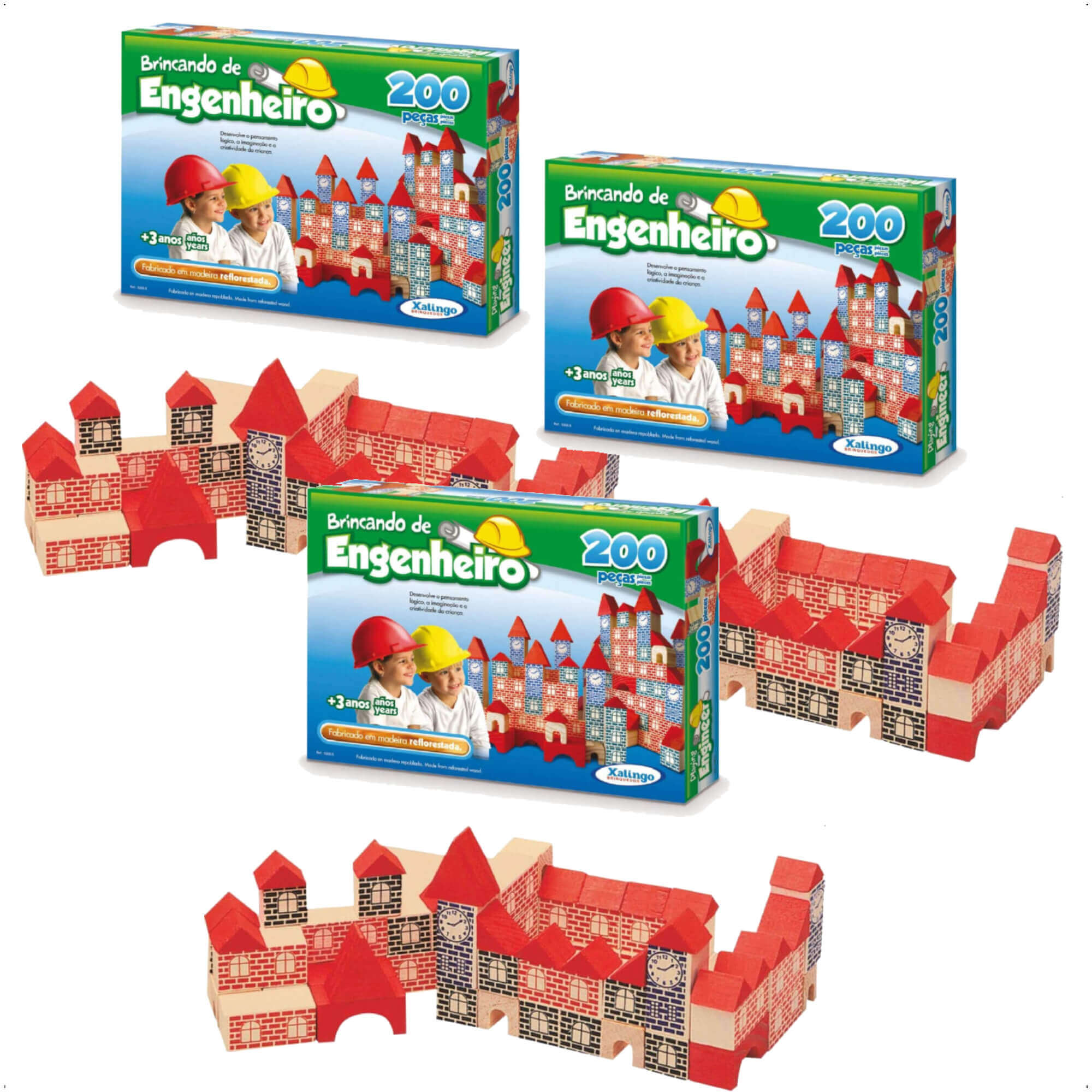 COMP Kit 3 un Blocos para Montar Brincando de Engenheiro 200 peças Madeira Reflorestada Xalingo 53065