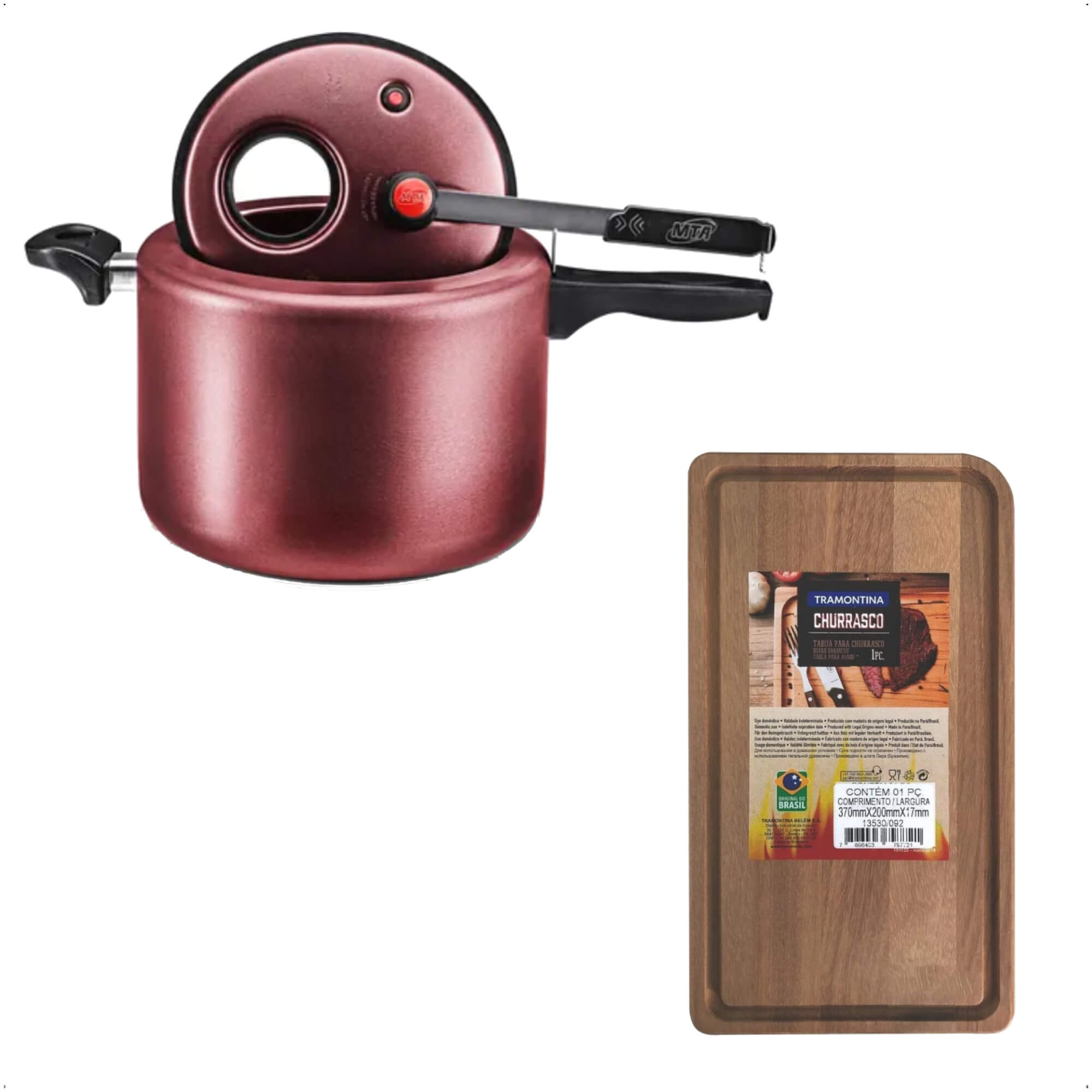 COMP Kit Panela De Pressão 4,5L Antiaderente Cereja Com Visor na Tampa + Tábua de Madeira Tramontina