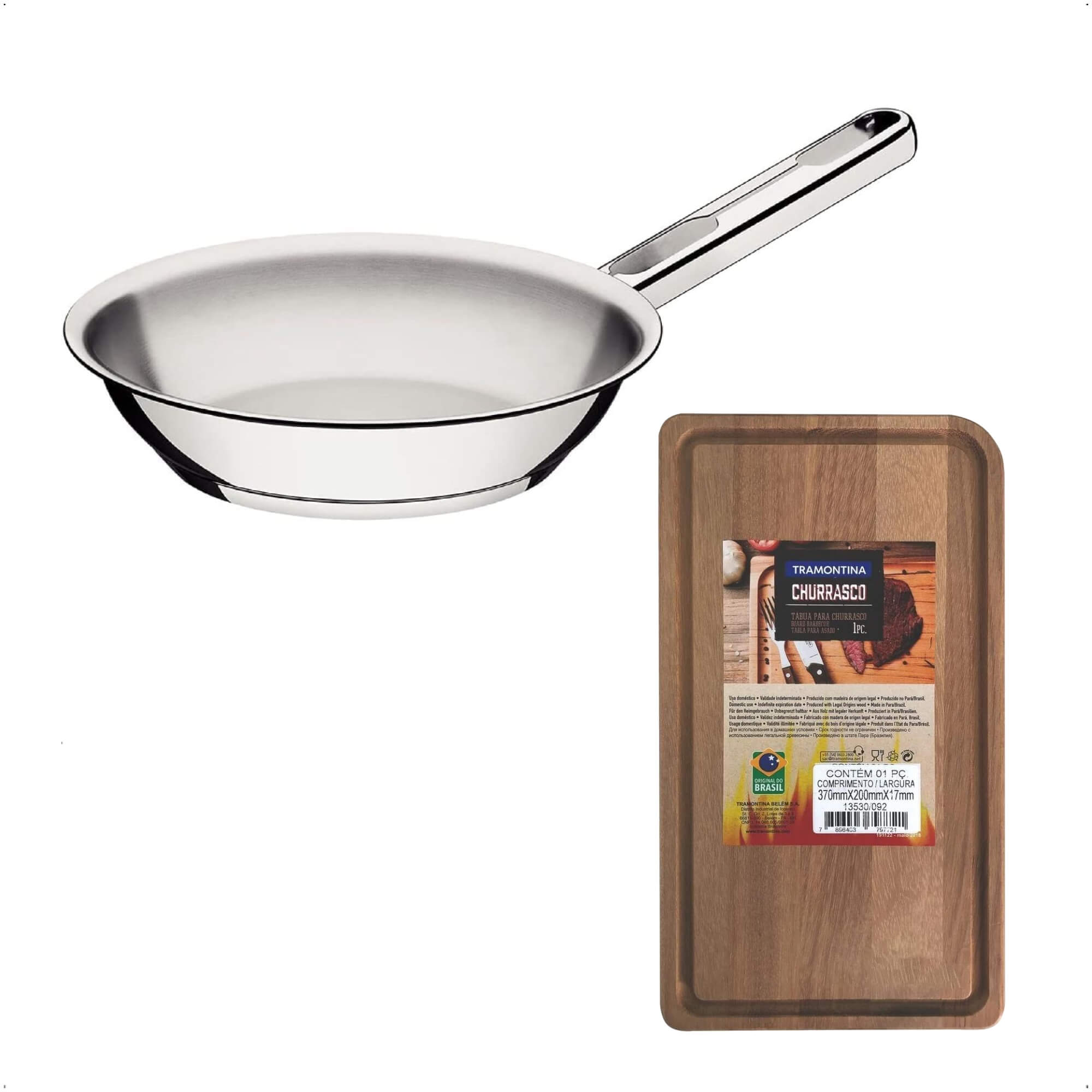 COMP Kit Frigideira De Aço Inox Allegra Beleza e Praticidade 1,30 Litros Fundo Triplo Tramontina + Tabua de Madeira