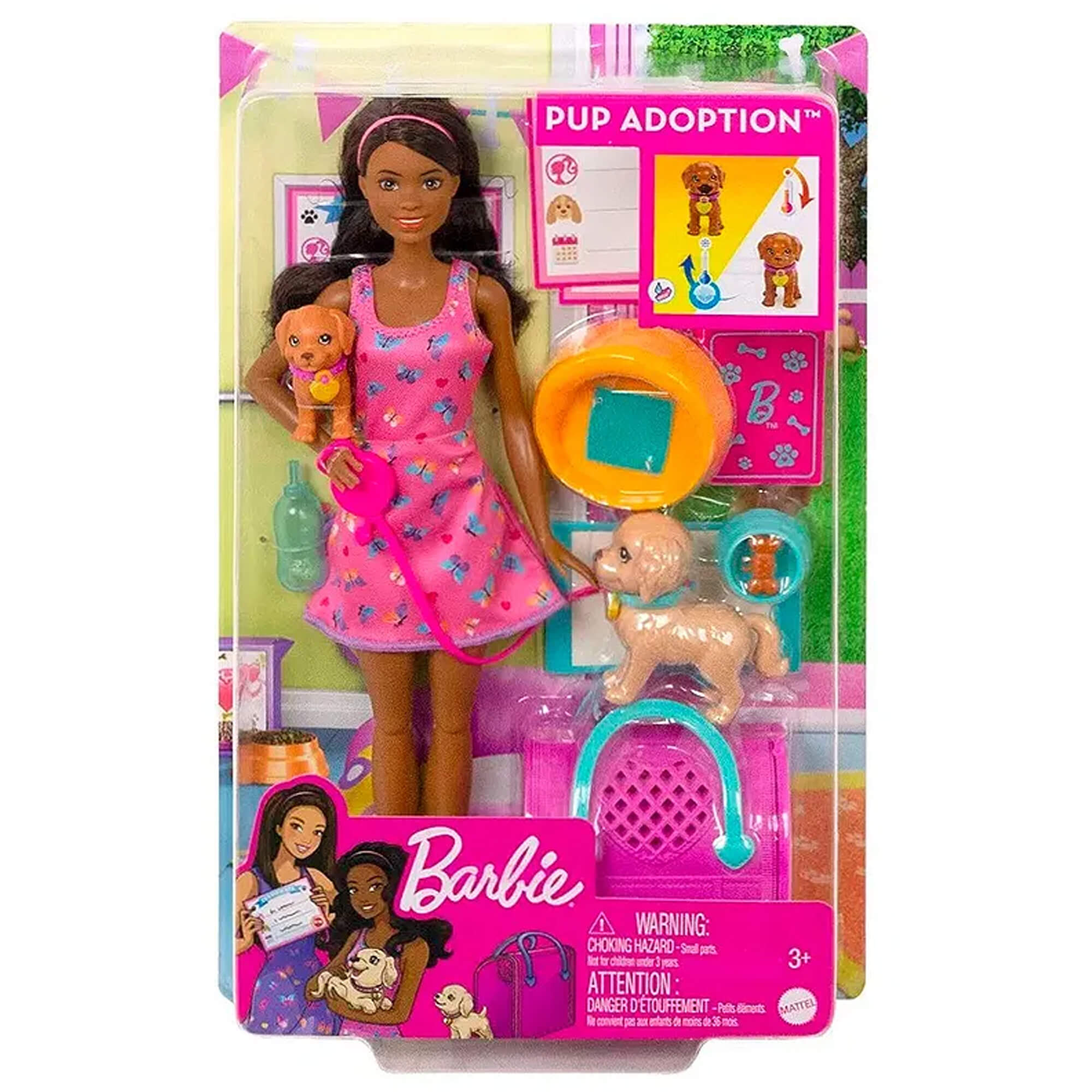 Boneca Barbie Negra Family Adota um Cachorrinho Pet Com Acessórios Cabelo Preto Mattel - HKD87