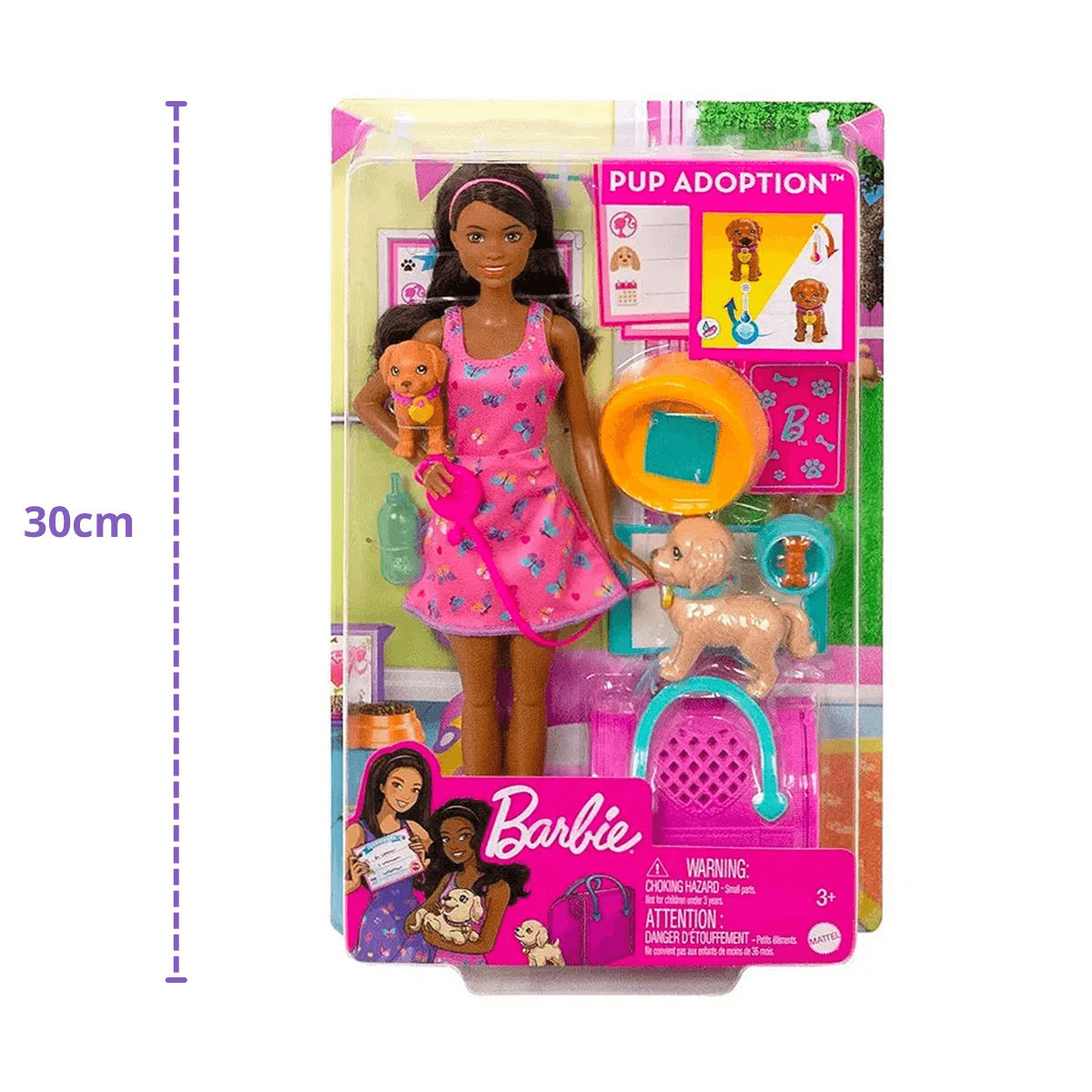 Boneca Barbie Negra Family Adota um Cachorrinho Pet Com Acessórios Cabelo Preto Mattel - HKD87