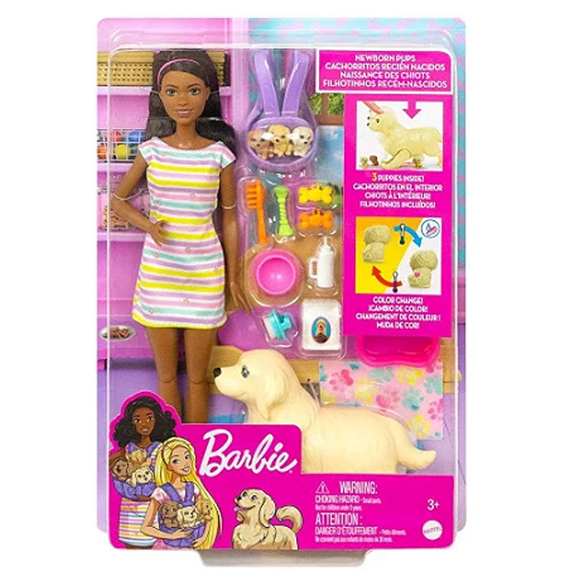 Boneca Barbie Morena Articulada Pets Cachorrinhos Recém-Nascidos Brincadeira Menina Mattel - HCK76