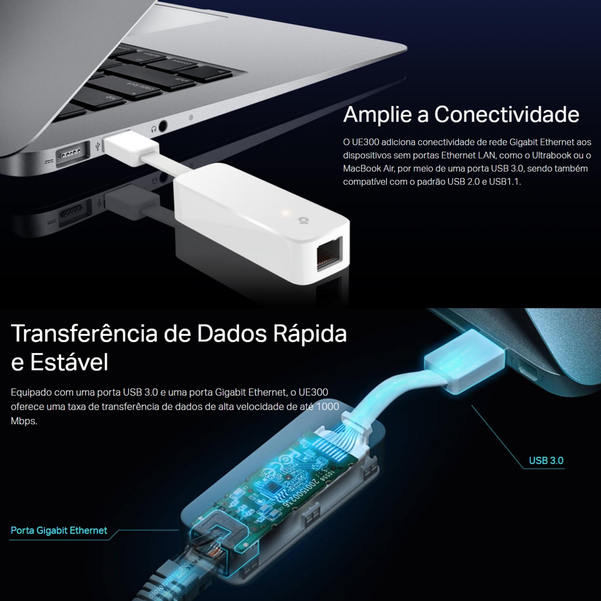 Adaptador de Rede USB 3.0 para Rede 10/100/1000 Mbps Plug and Play TP-Link - UE300