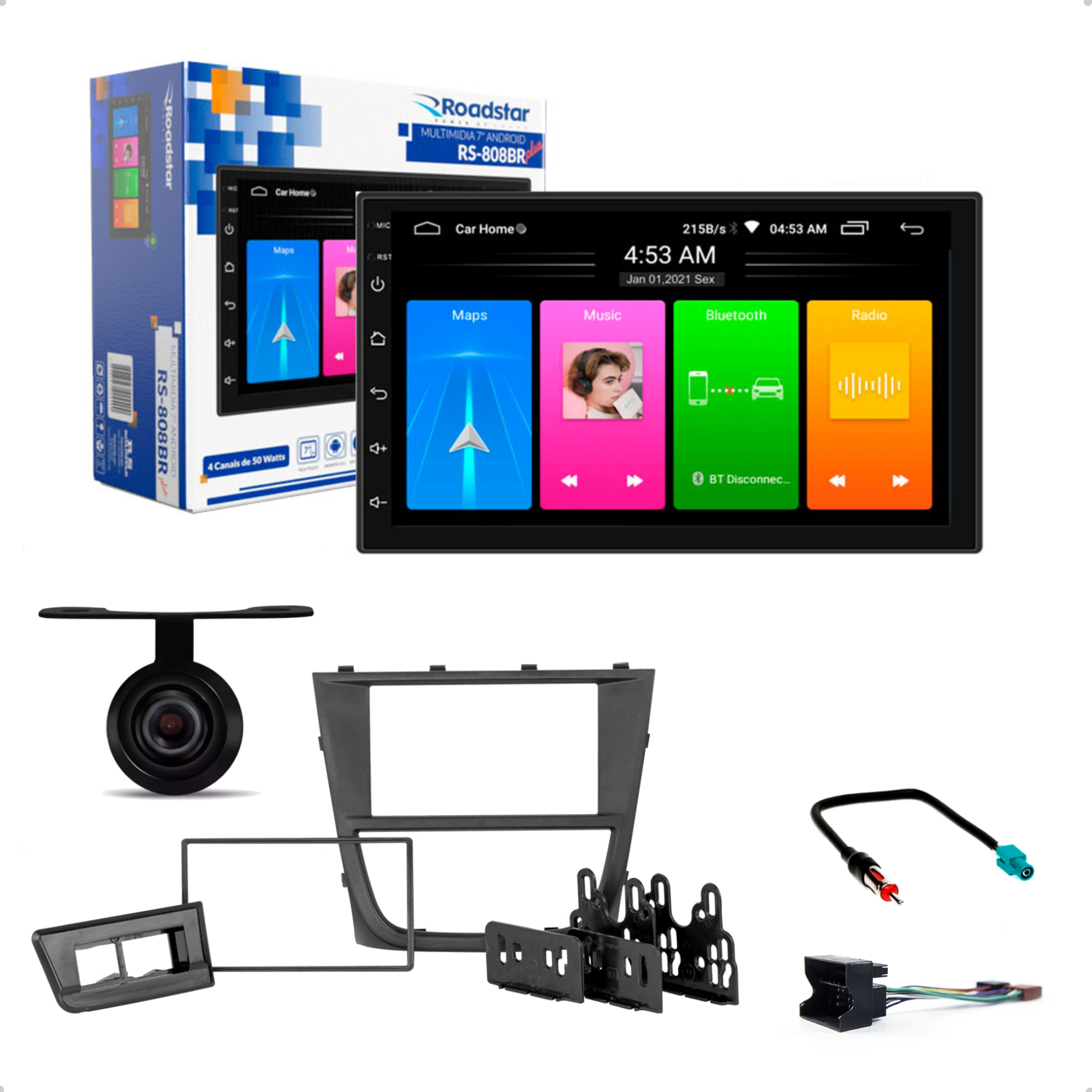 COMP Central Multimídia MP5 Android 10.1 7Pol RS-808BR WiFi GPS 16 Gb 1GB RAM + Moldura Gol G5 + Chicotes + Câmera de ré