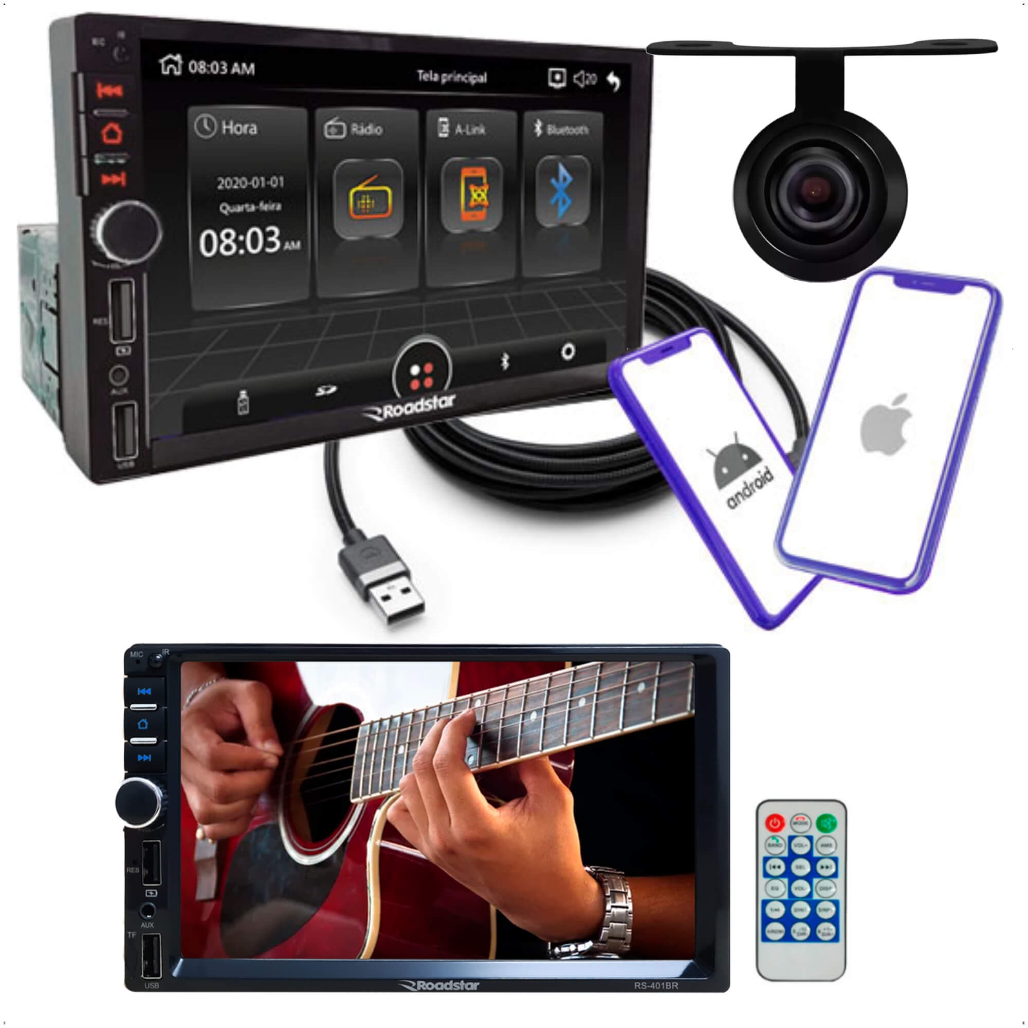 COMP Central Multimídia MP5 Roadstar 7 Polegadas Full Touch 1DIN Espelhamento Android e IOS USB Bluetooth + Câmera de ré