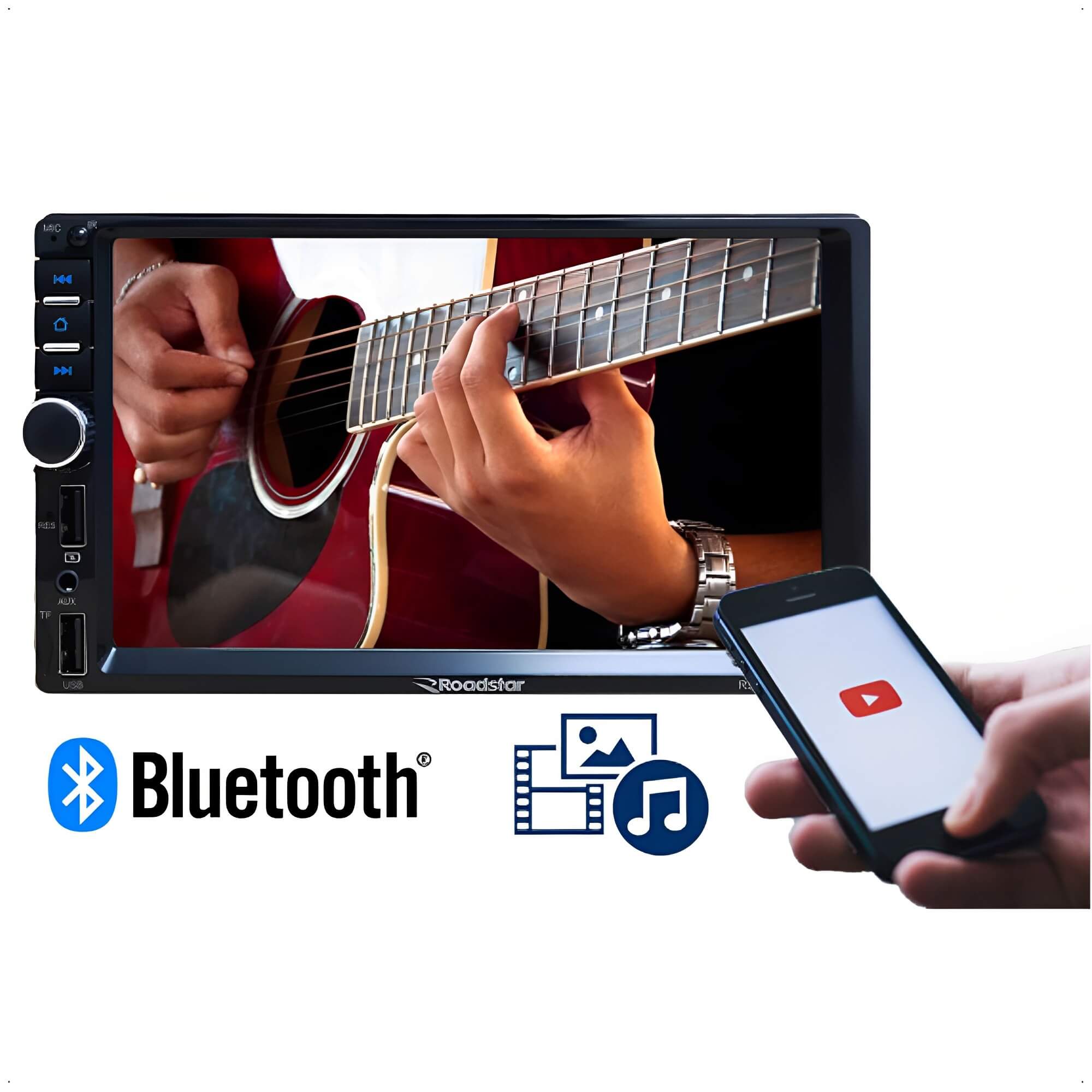 COMP Central Multimídia MP5 Roadstar 7 Polegadas Full Touch 1DIN Espelhamento Android e IOS USB Bluetooth + Câmera de ré