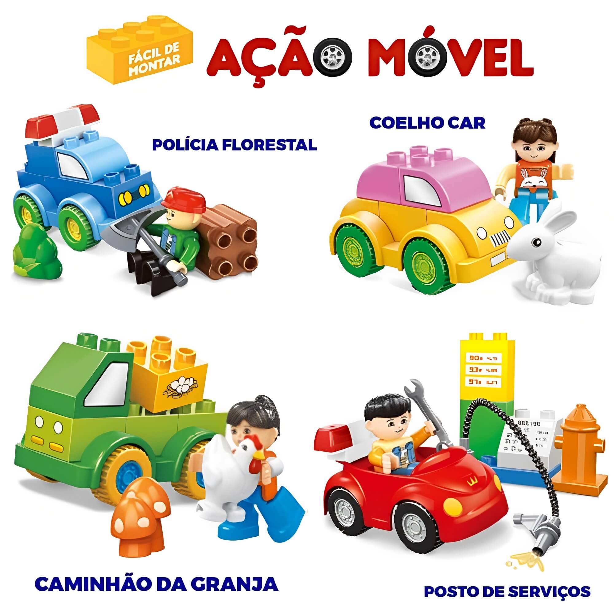 Brinquedo de Montar Ação Móvel Polícia Coelho Posto Granja 11 Peças Sortidos Polibrinq BM012