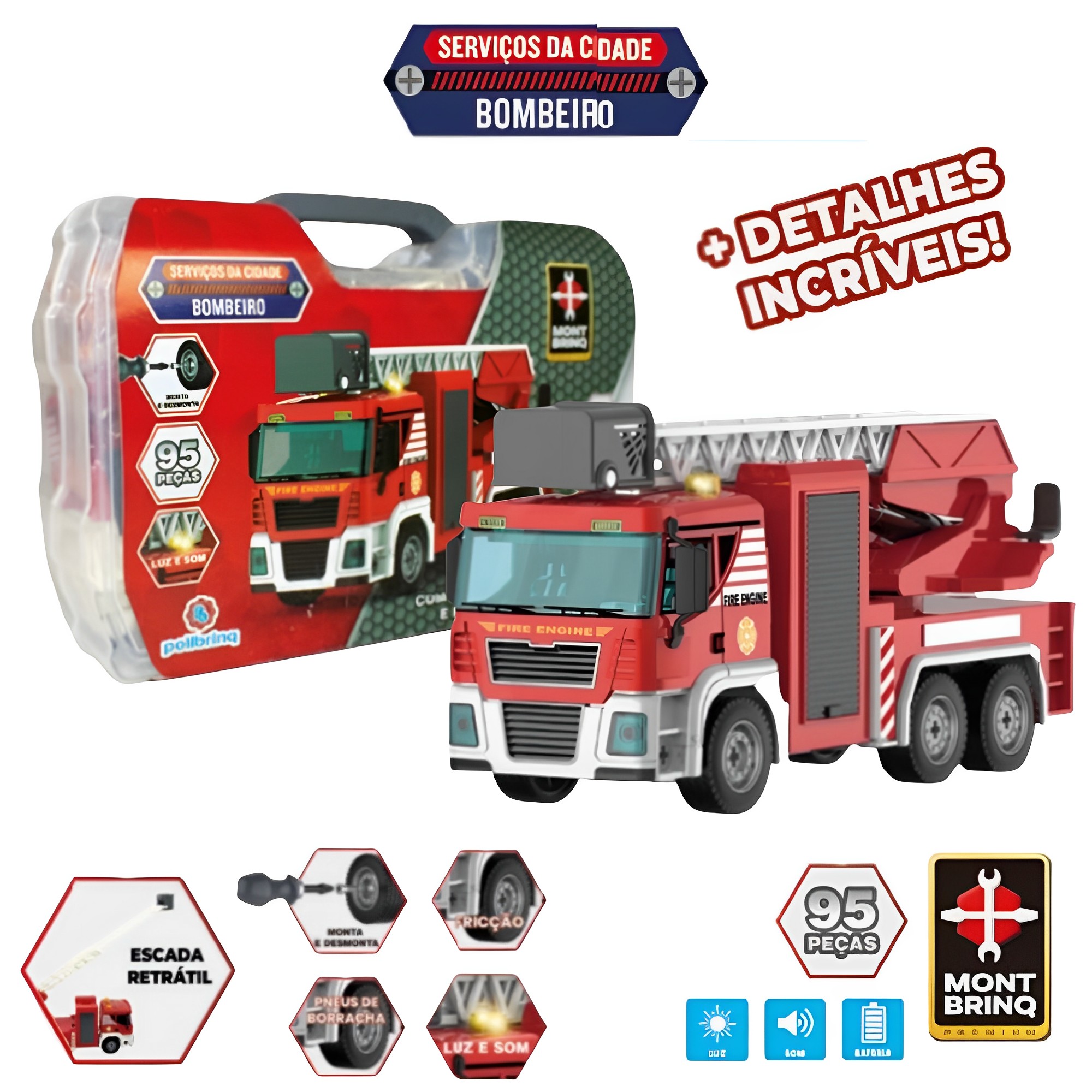 Brinquedo de Montar Caminhão Bombeiro Escada Retrátil Fricção Som Luz 95 Peças Polibrinq - CAR611