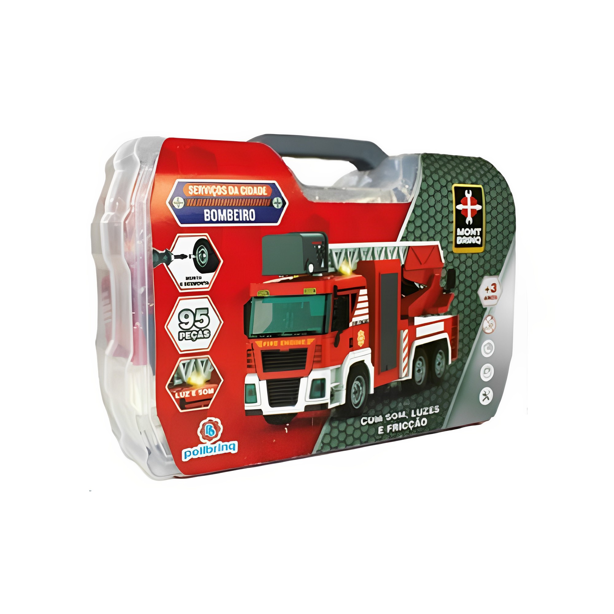 Brinquedo de Montar Caminhão Bombeiro Escada Retrátil Fricção Som Luz 95 Peças Polibrinq - CAR611