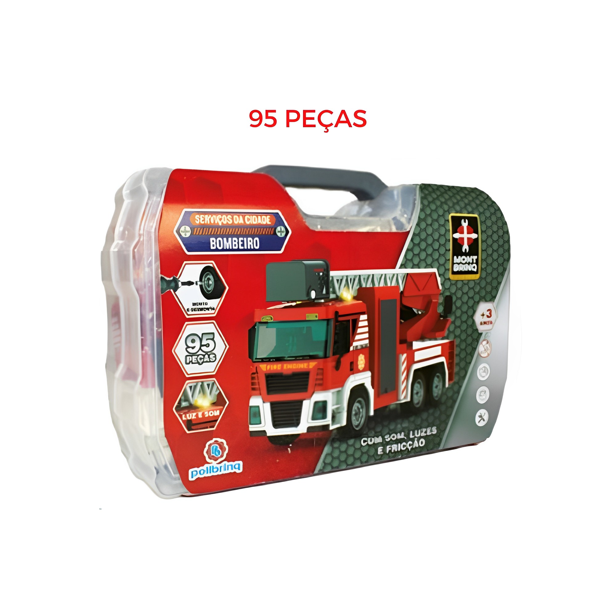 Brinquedo de Montar Caminhão Bombeiro Escada Retrátil Fricção Som Luz 95 Peças Polibrinq - CAR611