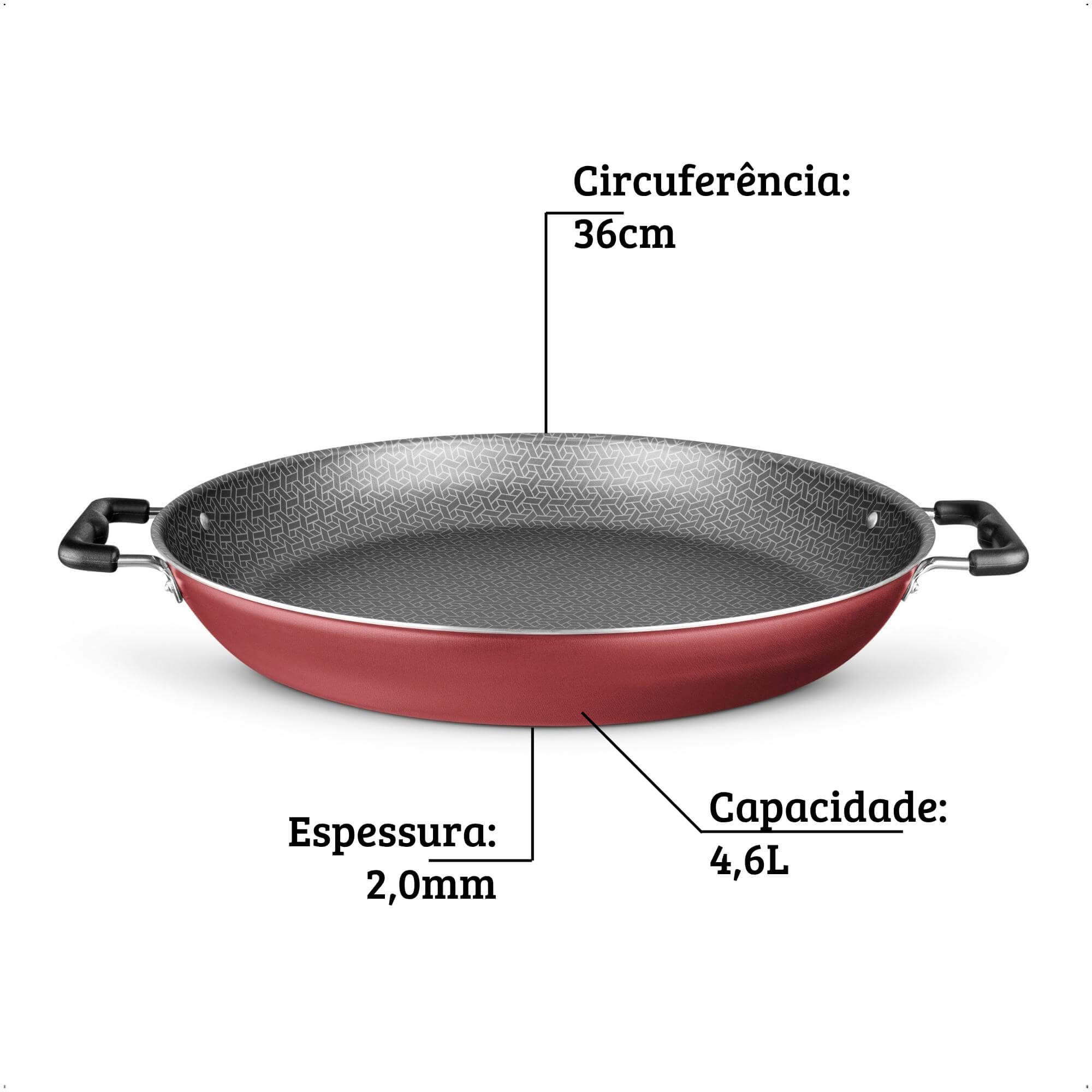Panela Paellera Valenciana Antiaderente Alumínio Inox sem Tampa 4,6L 36cm Supra Cereja MTA - 8766