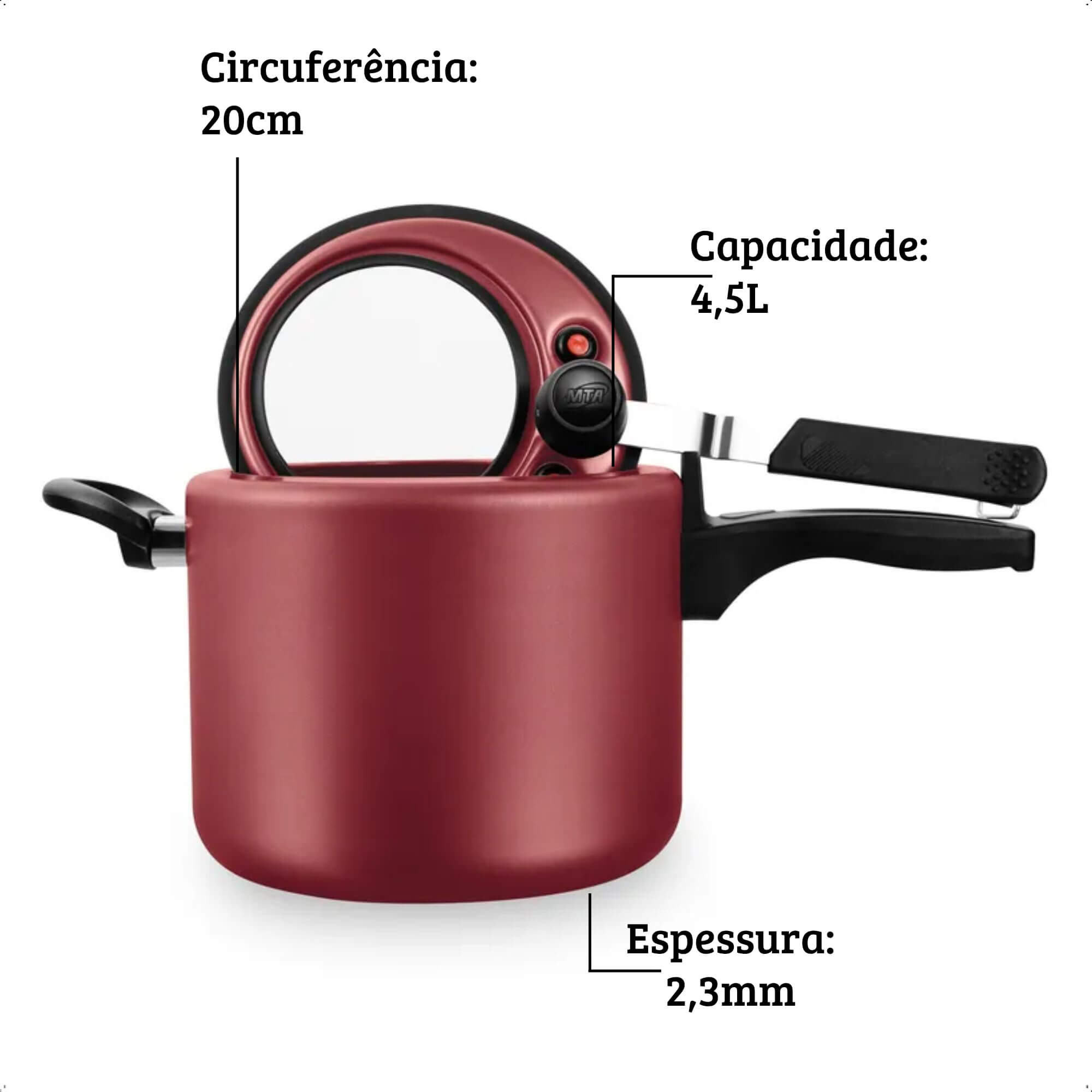 Panela De Pressão Antiaderente 4,5L Visor de Vidro Vermelho Cereja Trava de Segurança MTA 6033