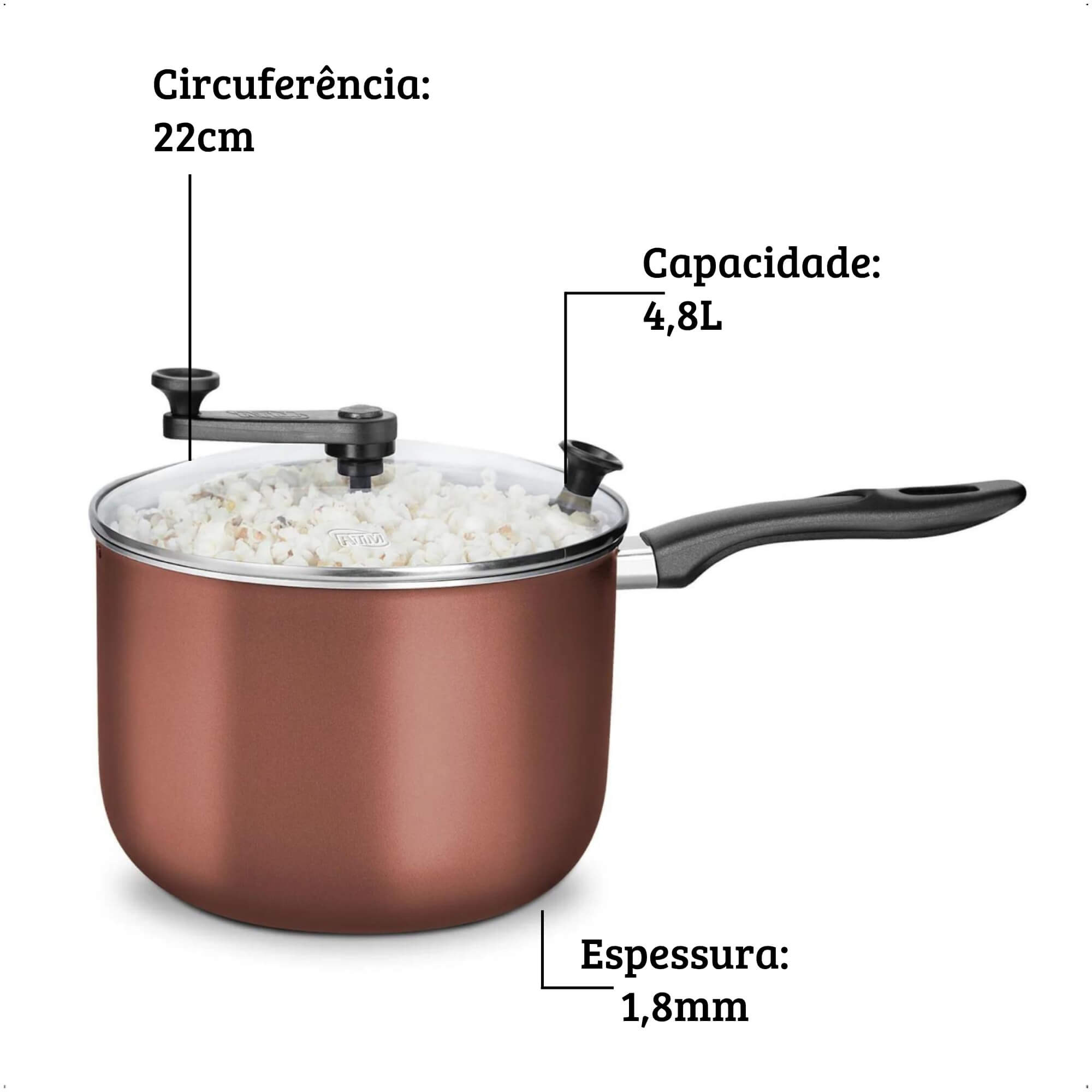 Panela Pipoqueira 4,8L Alumínio Antiaderente com Tampa de Vidro N22 Cor Chocolate MTA - 9180