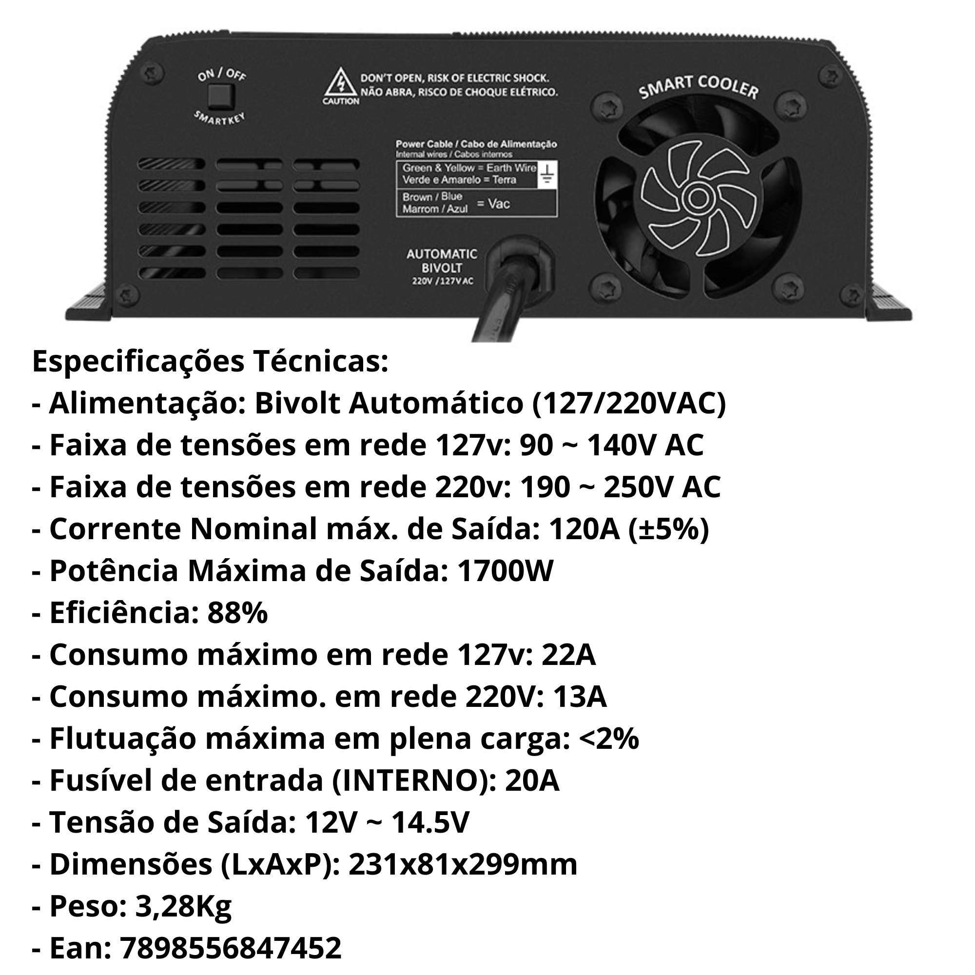 Fonte Automotiva Bivolt Automático Taramps Smart Charger 120 (3,52 KVA) 12V - 901363