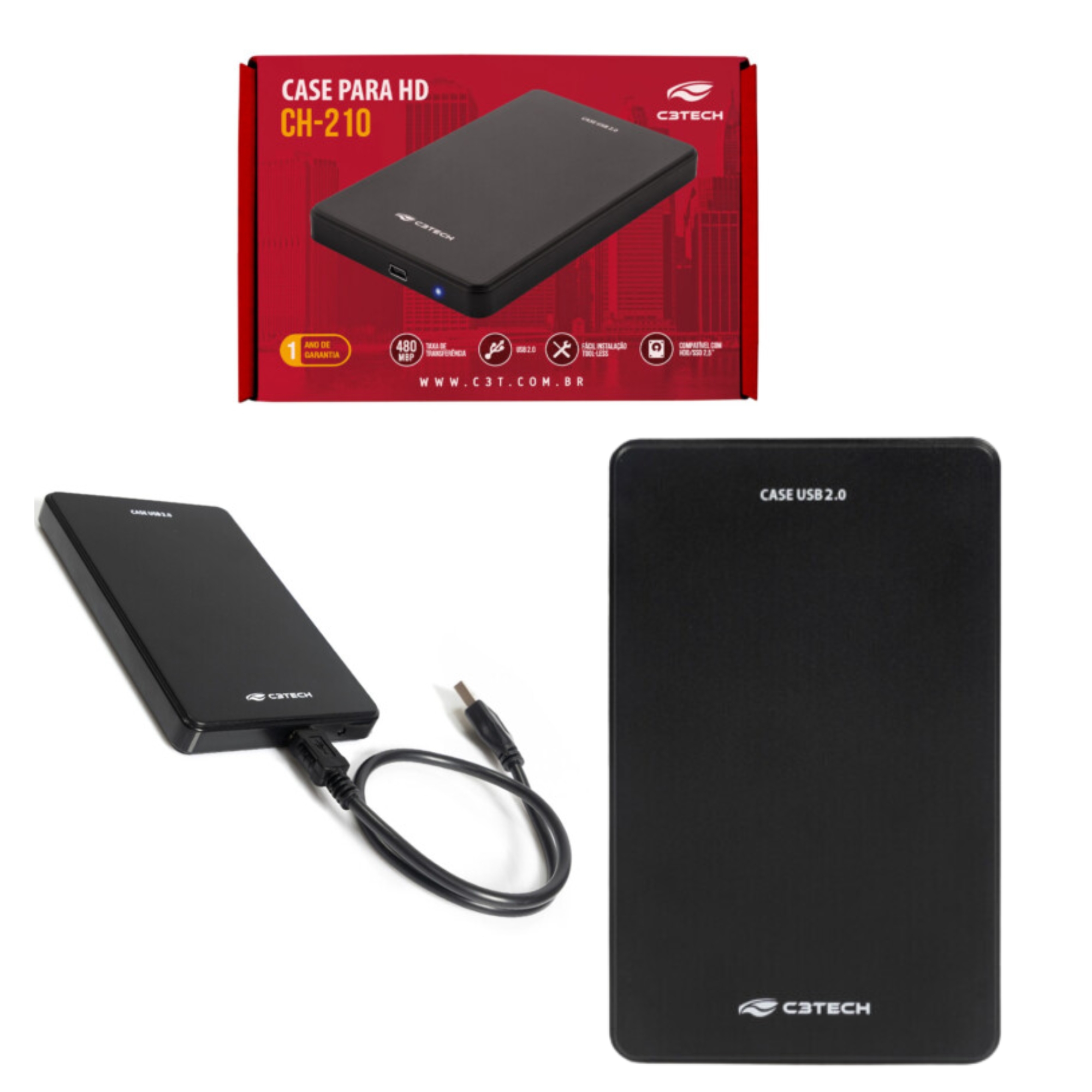 Gaveta Para HD 2,5 Polegadas Preto com Cabo USB 2.B CH-210BK C3TECH - 46678