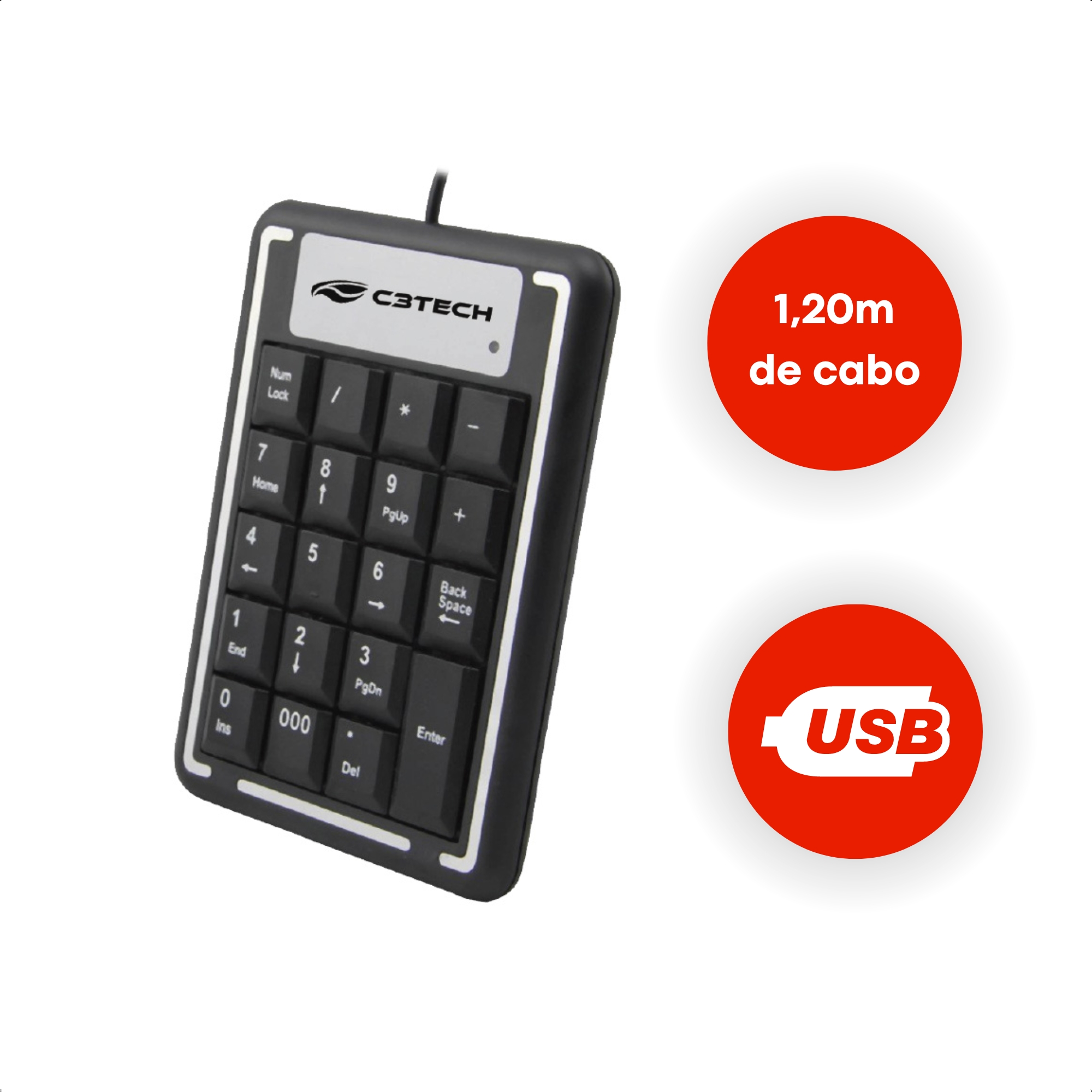 Teclado Numérico USB 1,20 Metros de Fio 19 Teclas para PC e Notebook - C3TECH KN-11BK