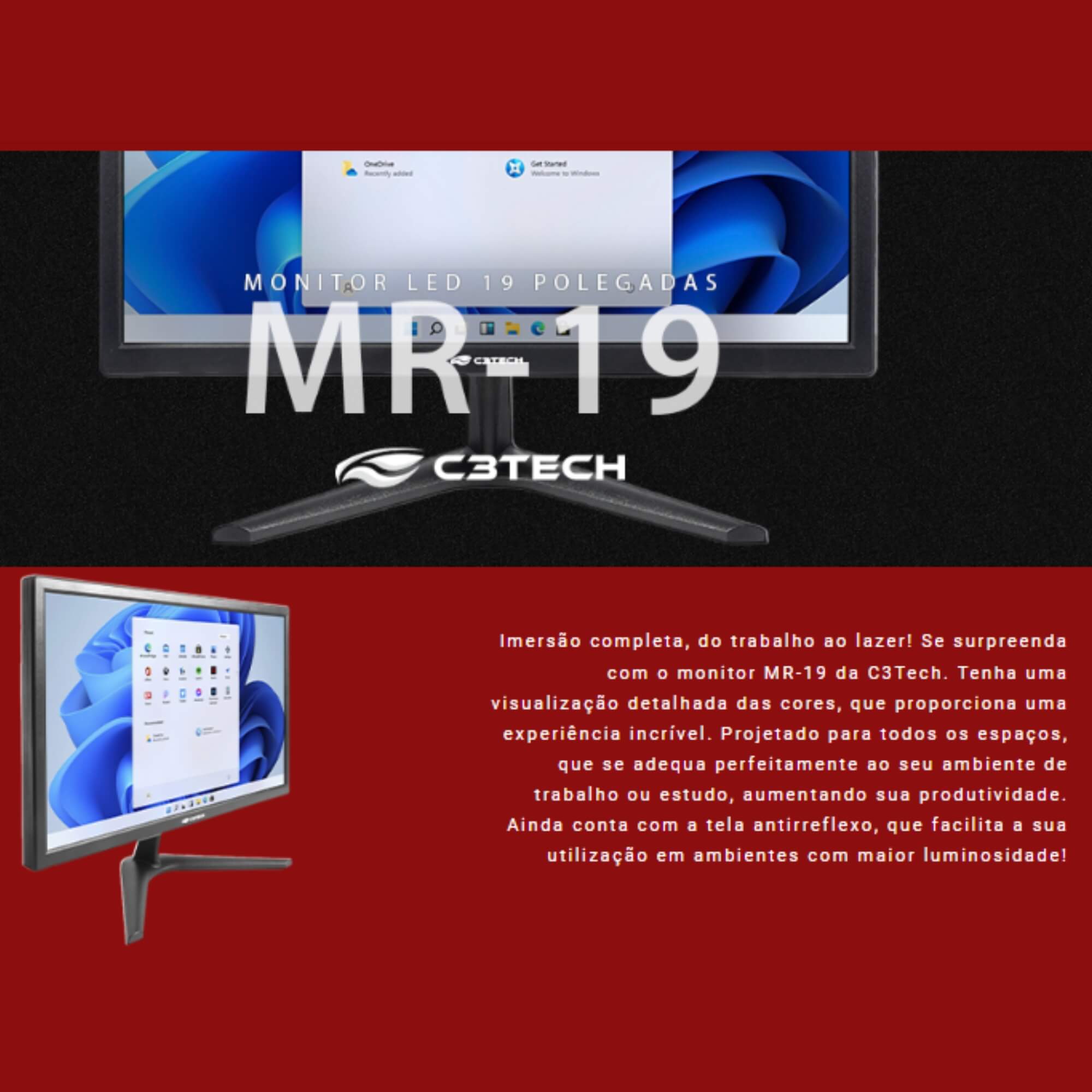 Monitor Led IPS LED 19 Polegadas HD 1440x900, HDMI, VGA, 5ms, Anti-Reflexo, C3 TECH - MR-19