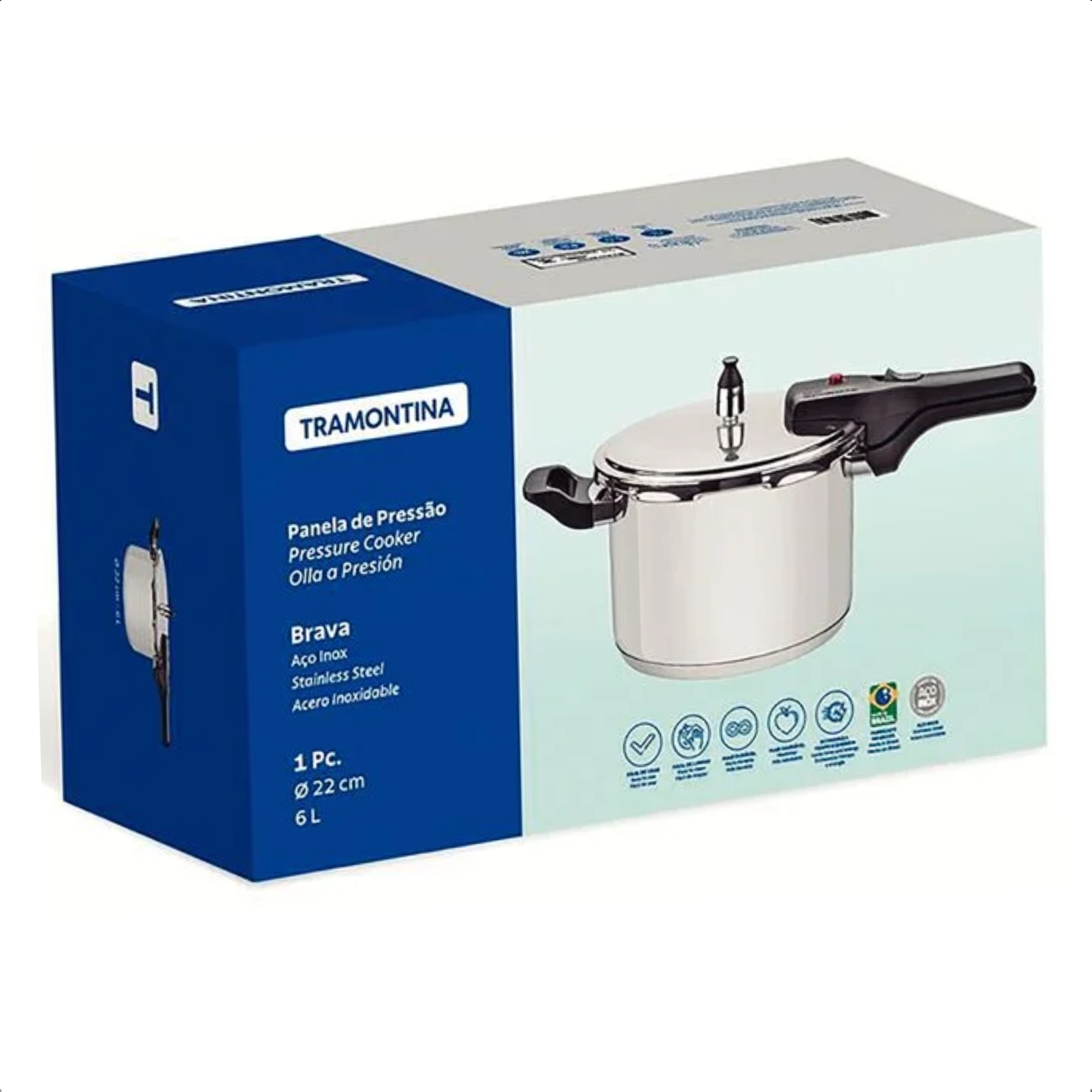 Panela de Pressão Brava em Aço Inox com Fundo Triplo 22cm 6L Tramontina - 62416220