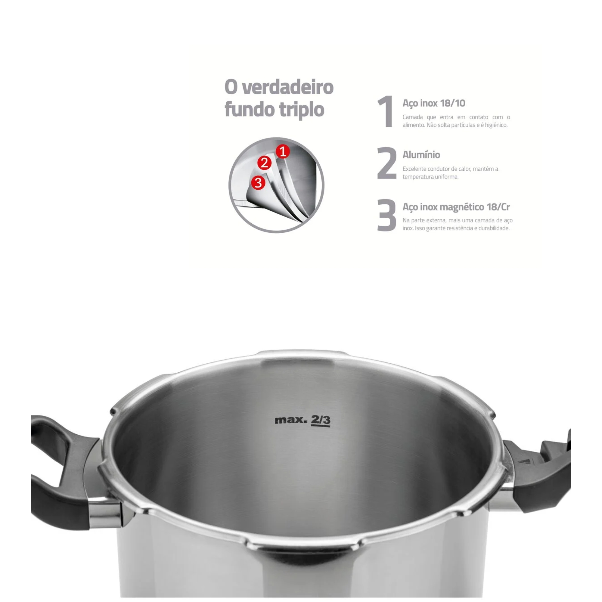 Panela de Pressão Brava em Aço Inox com Fundo Triplo 22cm 6L Tramontina - 62416220