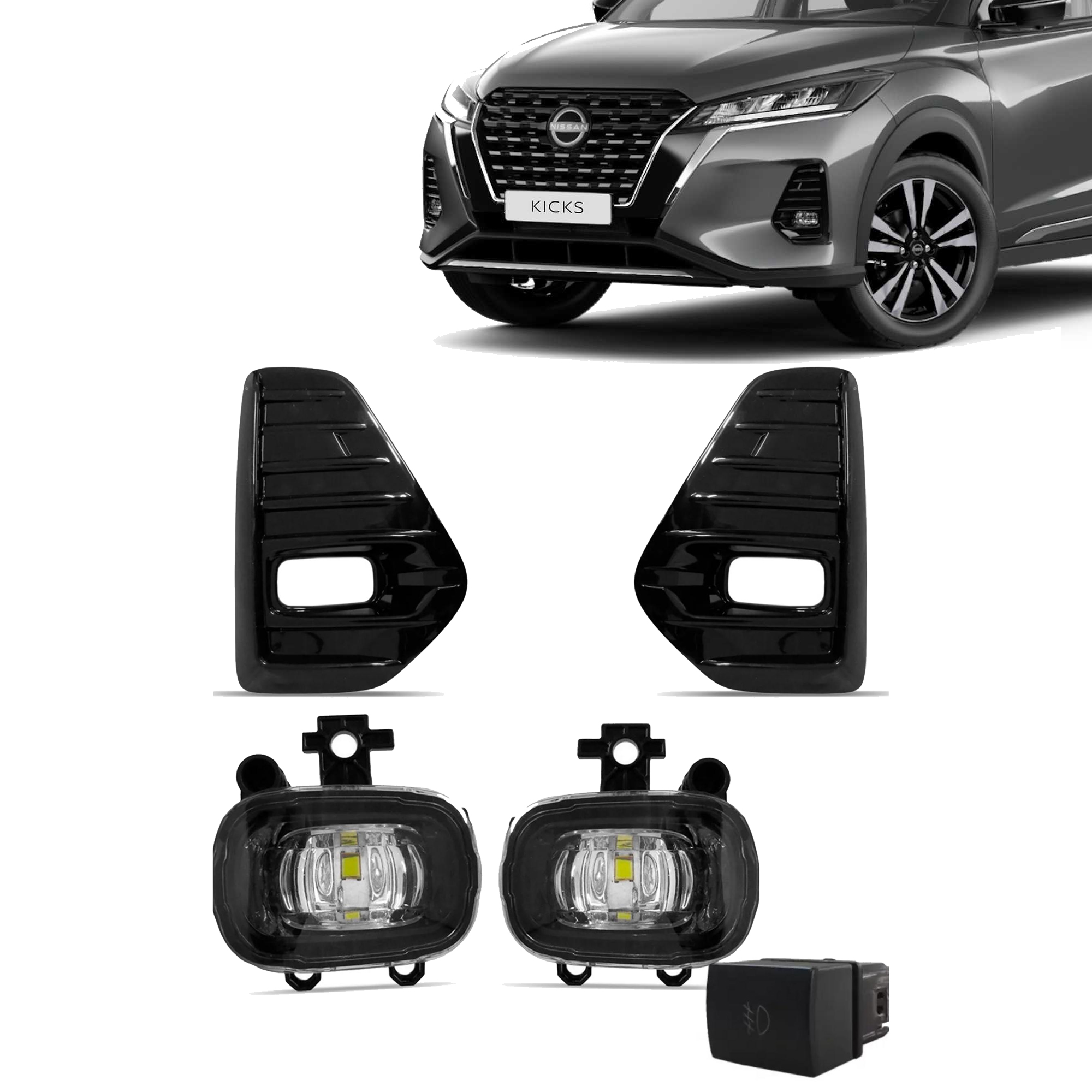 Kit Farol de Milha Kicks 2021 a 2024 Moldura Preta Botão Modelo Original Suits - STS321NS