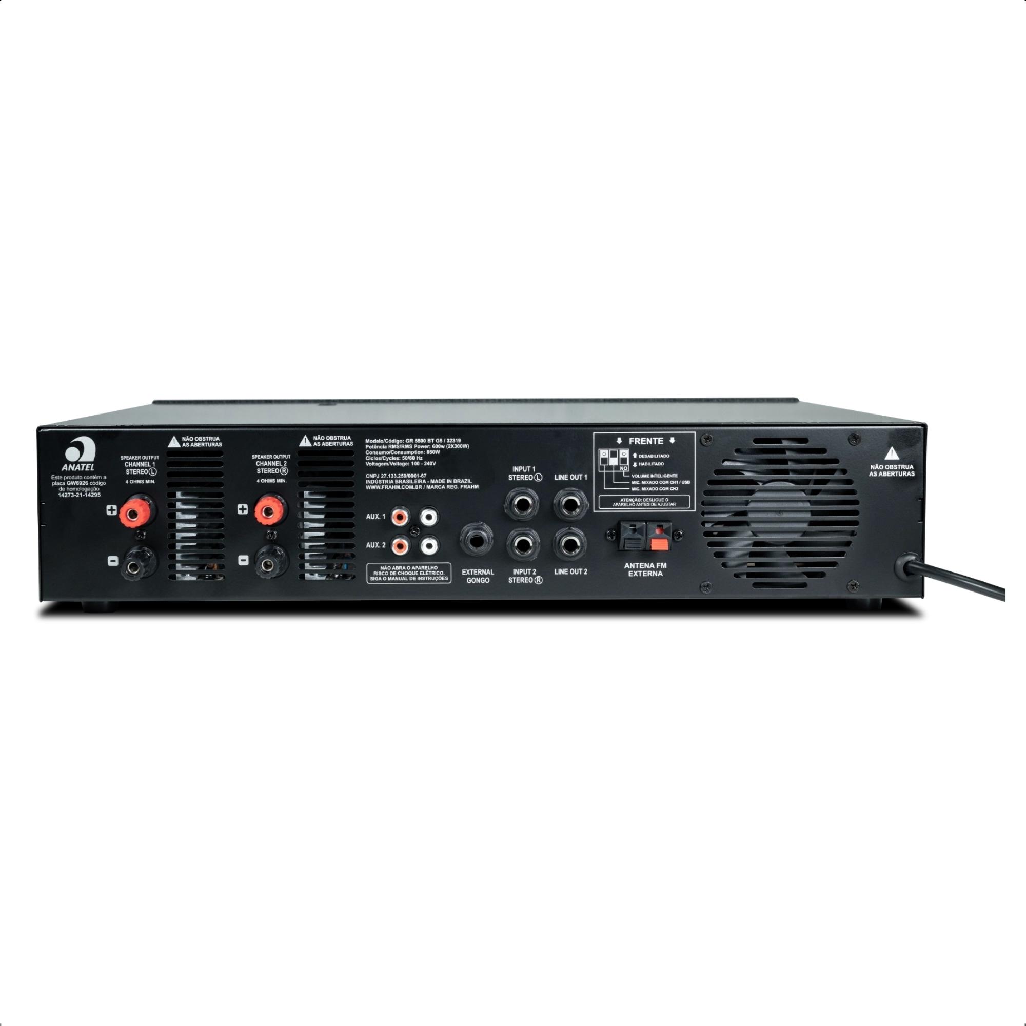 Amplificador Profissional GR 5500 BT G5 600W RMS 4 Ohms Som Ambiente Bivolt 100-240V Frahm 32319