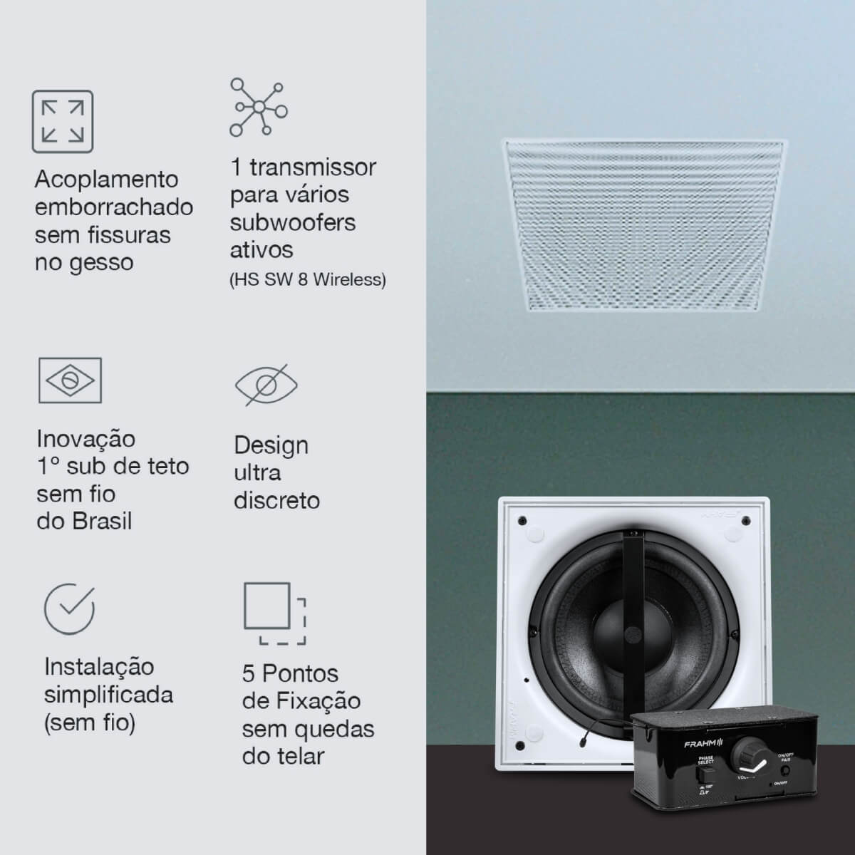Caixa Subwoofer Teto sem Fio Wireless HS SW8 72W RMS 2,8 Ohms Bivolt Som Transmissor Frahm-32159