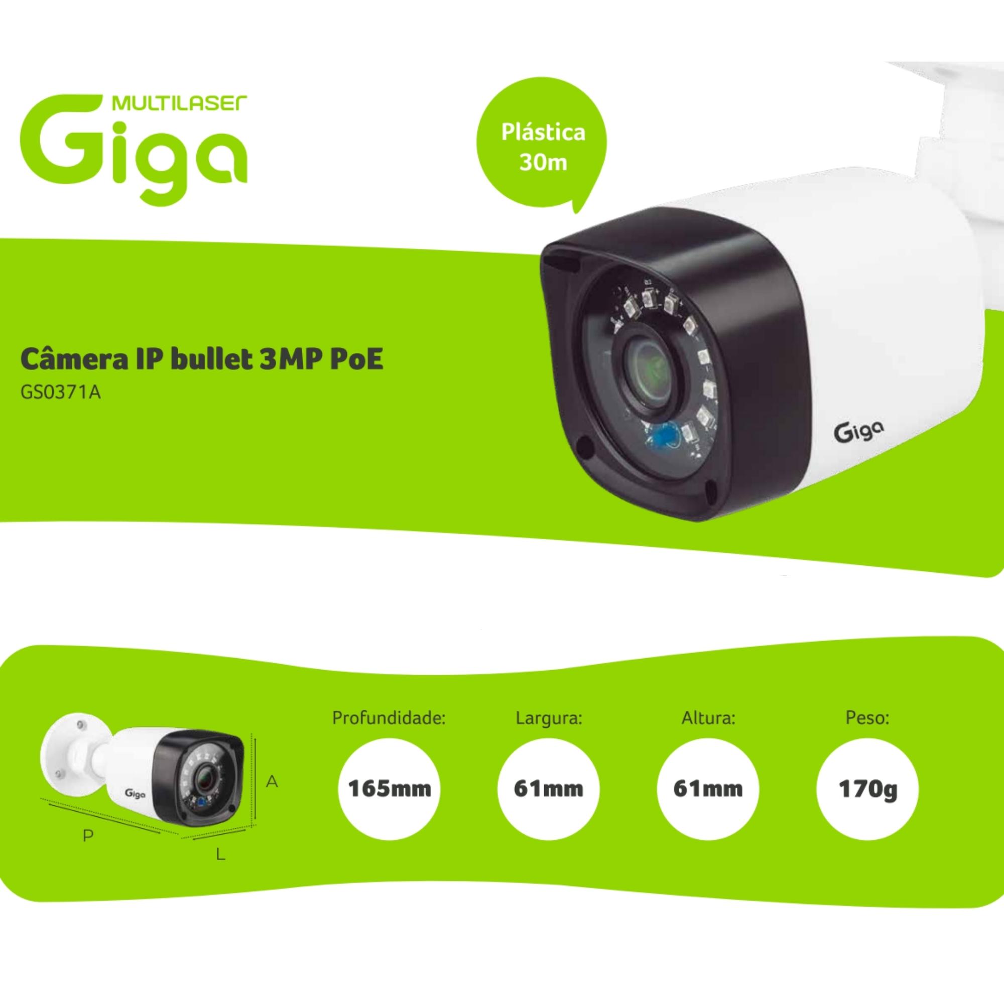 Câmera IP Bullet Plástica POE 3MP 2.8MM Infra 30M DWDR Proteção chuva Giga-GS0371A M1 IB330