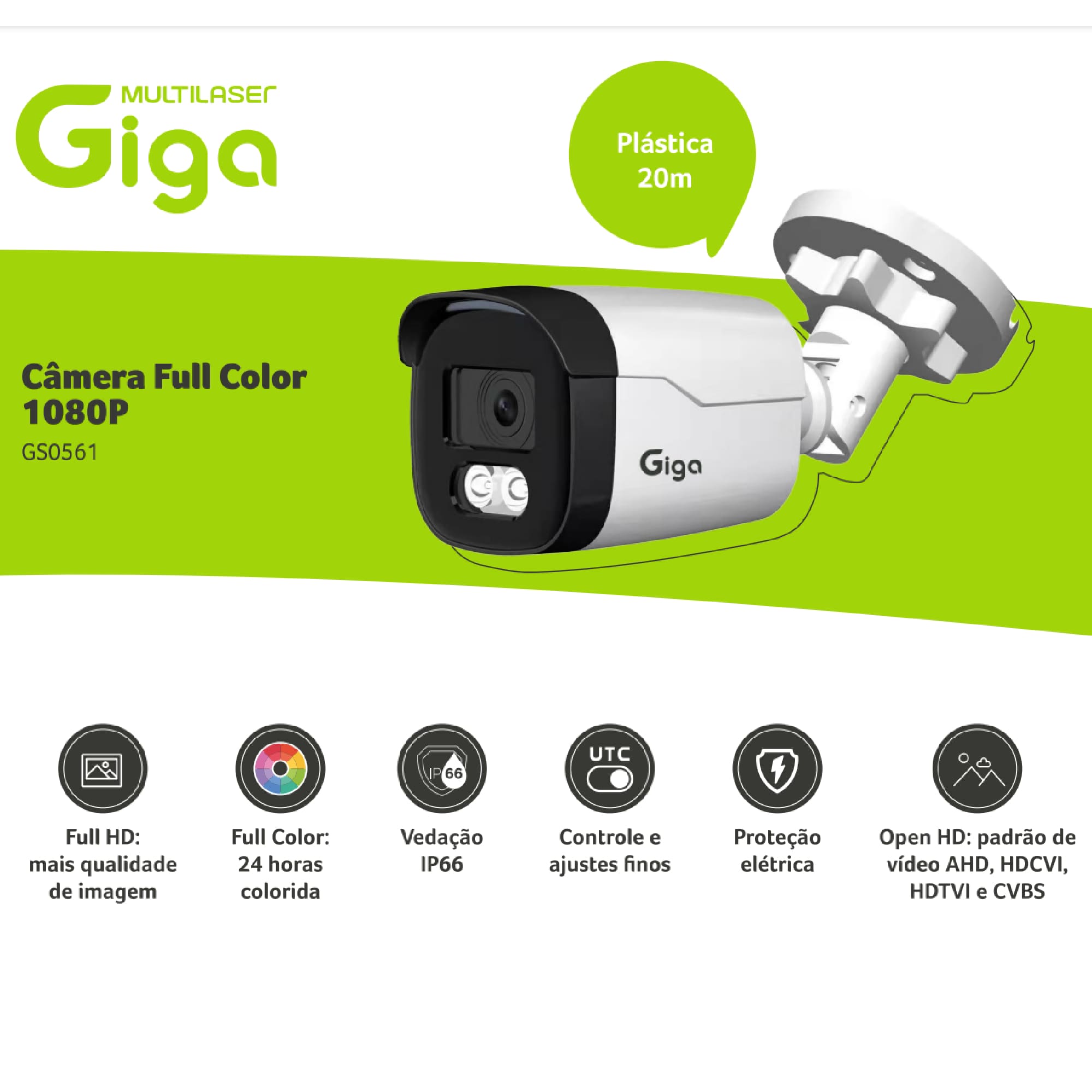 Câmera Bullet Plástica Full Color Smart LED Full HD 1080P Alcance 20m IP66 3,6mm Giga-GS0561