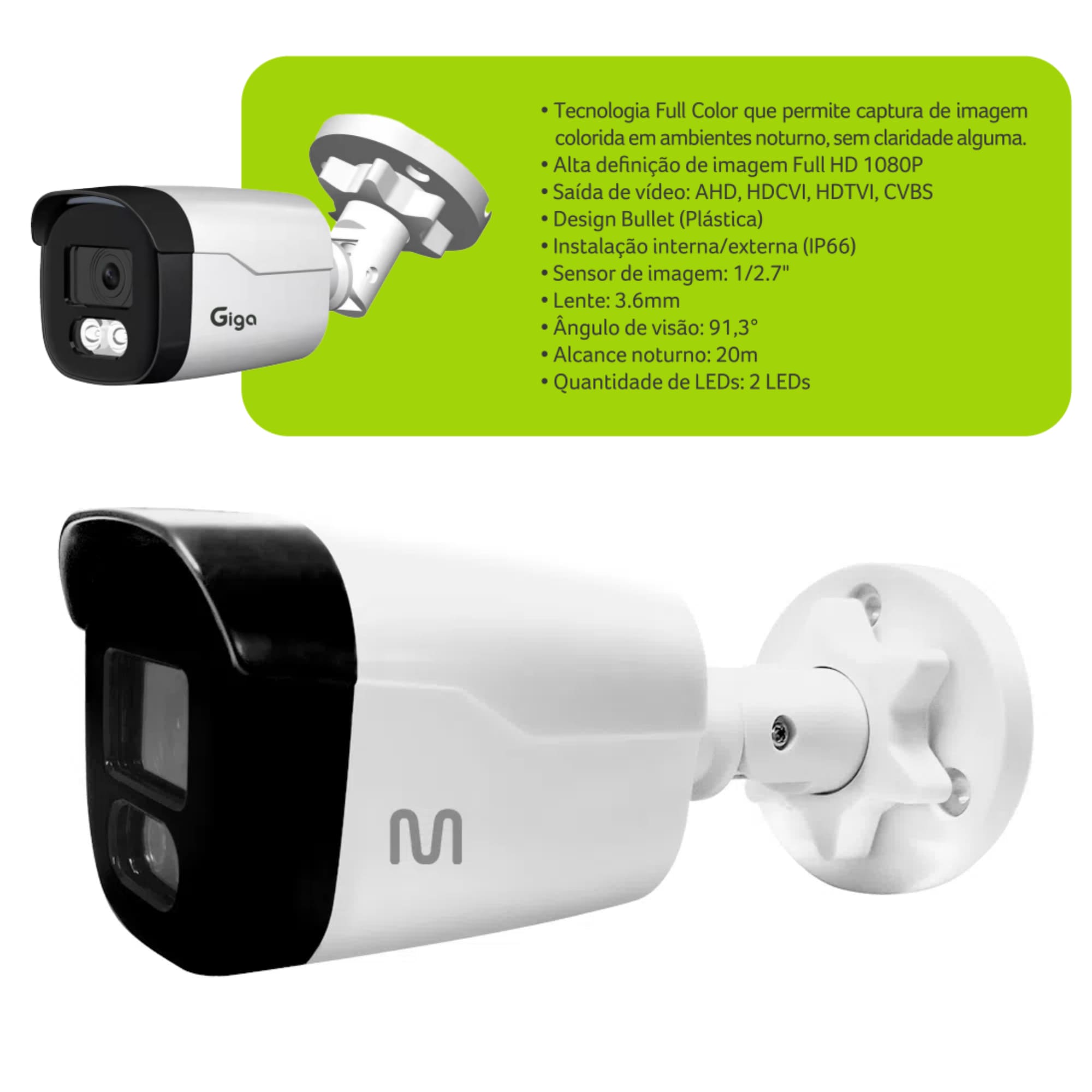 Câmera Bullet Plástica Full Color Smart LED Full HD 1080P Alcance 20m IP66 3,6mm Giga-GS0561