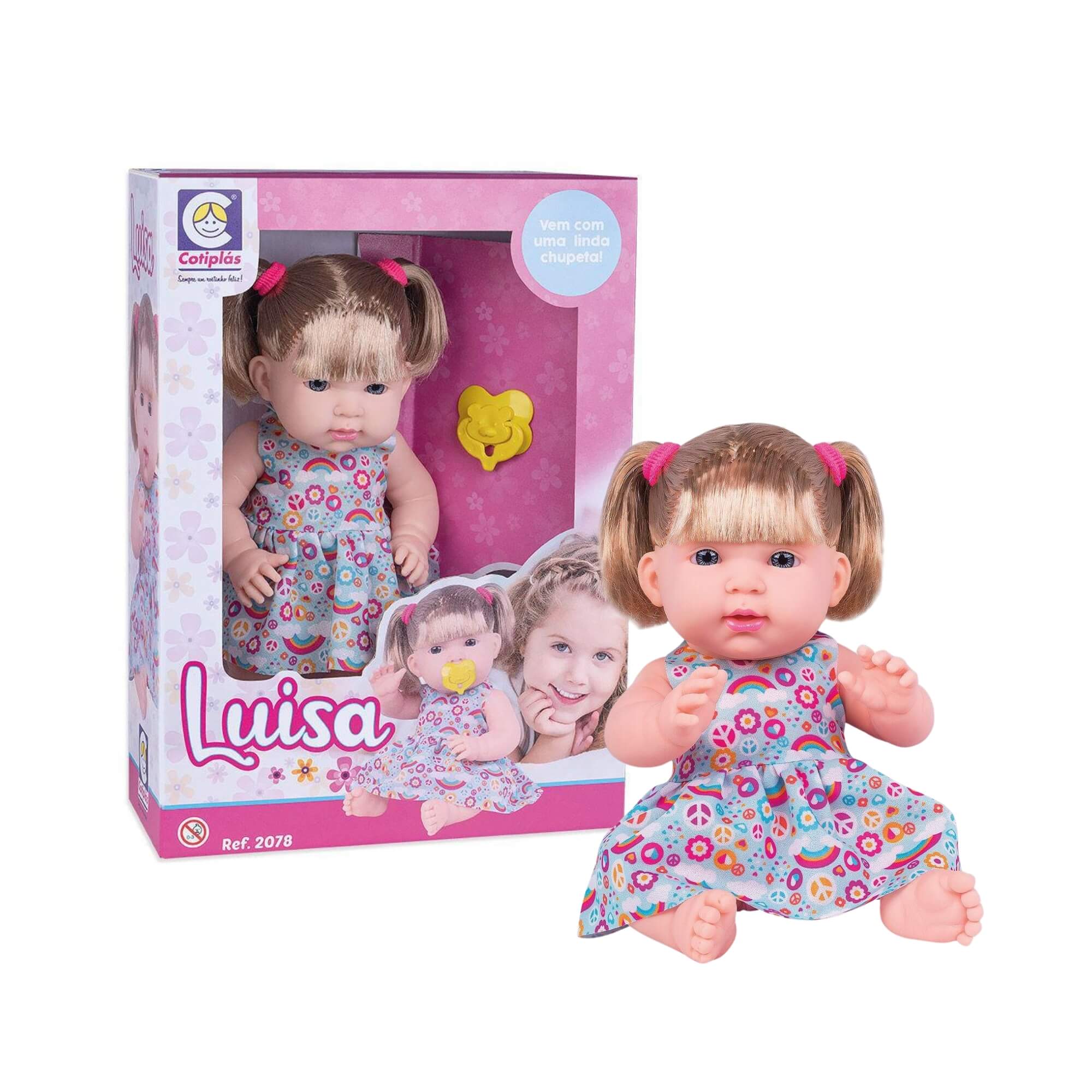 Brinquedo Boneca Luisa Articulada Plastico Vinil 33cm Vestidinho Florido e Chupeta Cotiplas - 2078