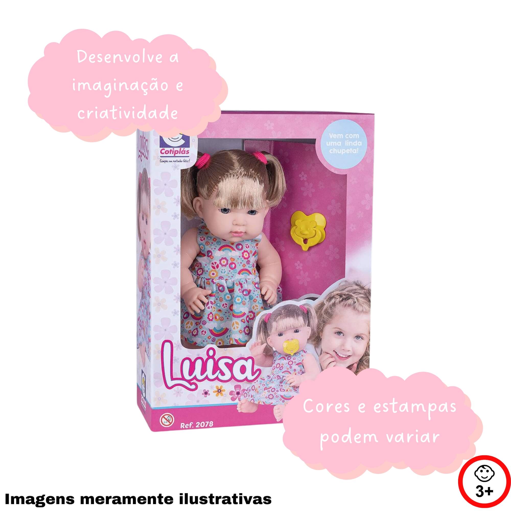 Brinquedo Boneca Luisa Articulada Plastico Vinil 33cm Vestidinho Florido e Chupeta Cotiplas - 2078