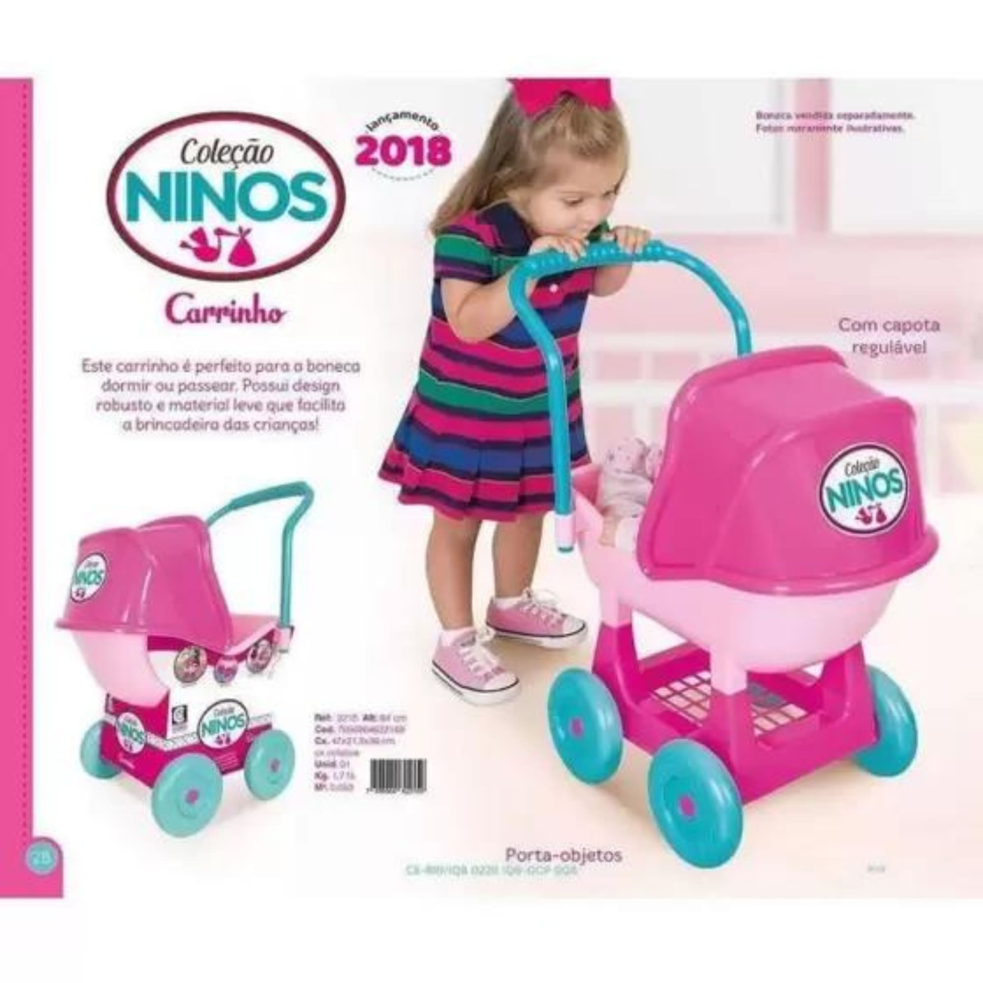 Brinquedo Carrinho Bebê Boneca Infantil Ninos Rosa Plástico Capota Regulável Cotiplas 2215