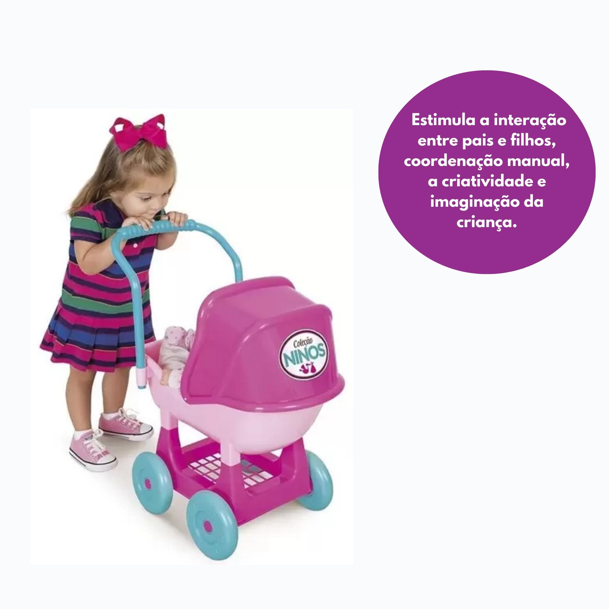 Brinquedo Carrinho Bebê Boneca Infantil Ninos Rosa Plástico Capota Regulável Cotiplas 2215