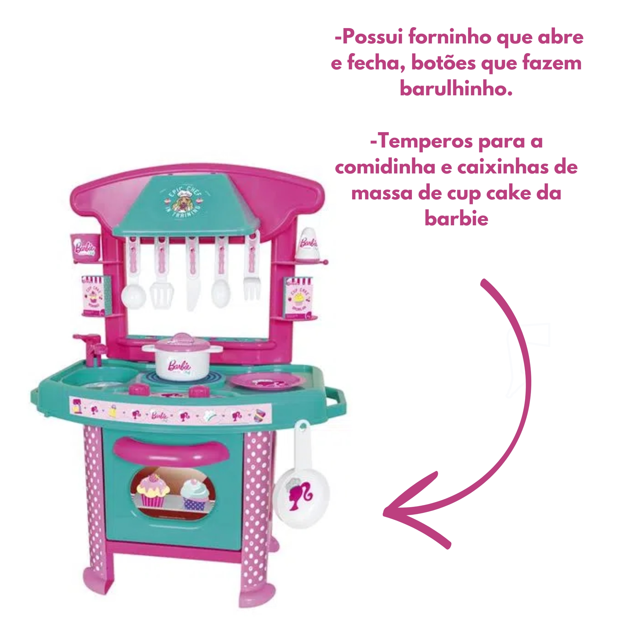 Brinquedo Cozinha da Barbie Chef Rosa Infantil + Acessórios 61cm em Plástico Cotiplas - 2228