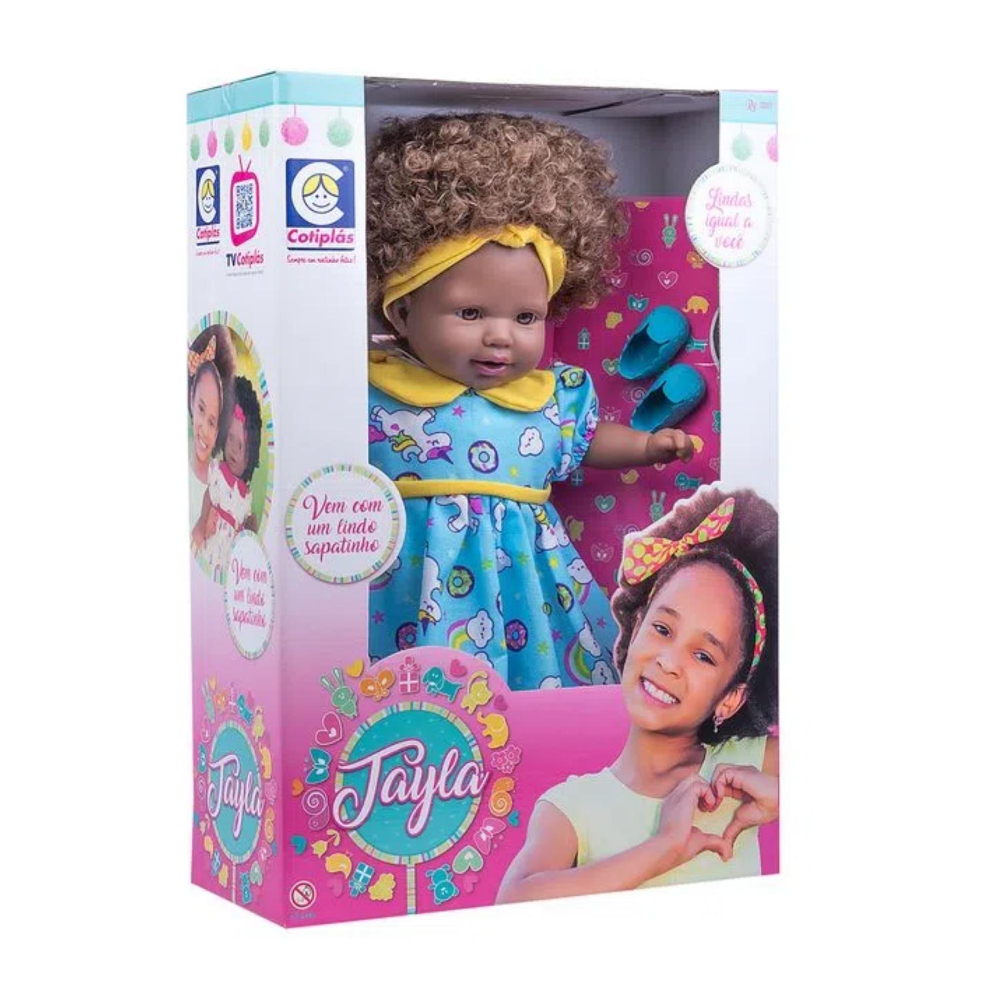 Brinquedo Boneca Tayla Negra Vinil Cabelo Cacheado Castanho/Preto Sortido 48cm Cotiplás - 2281