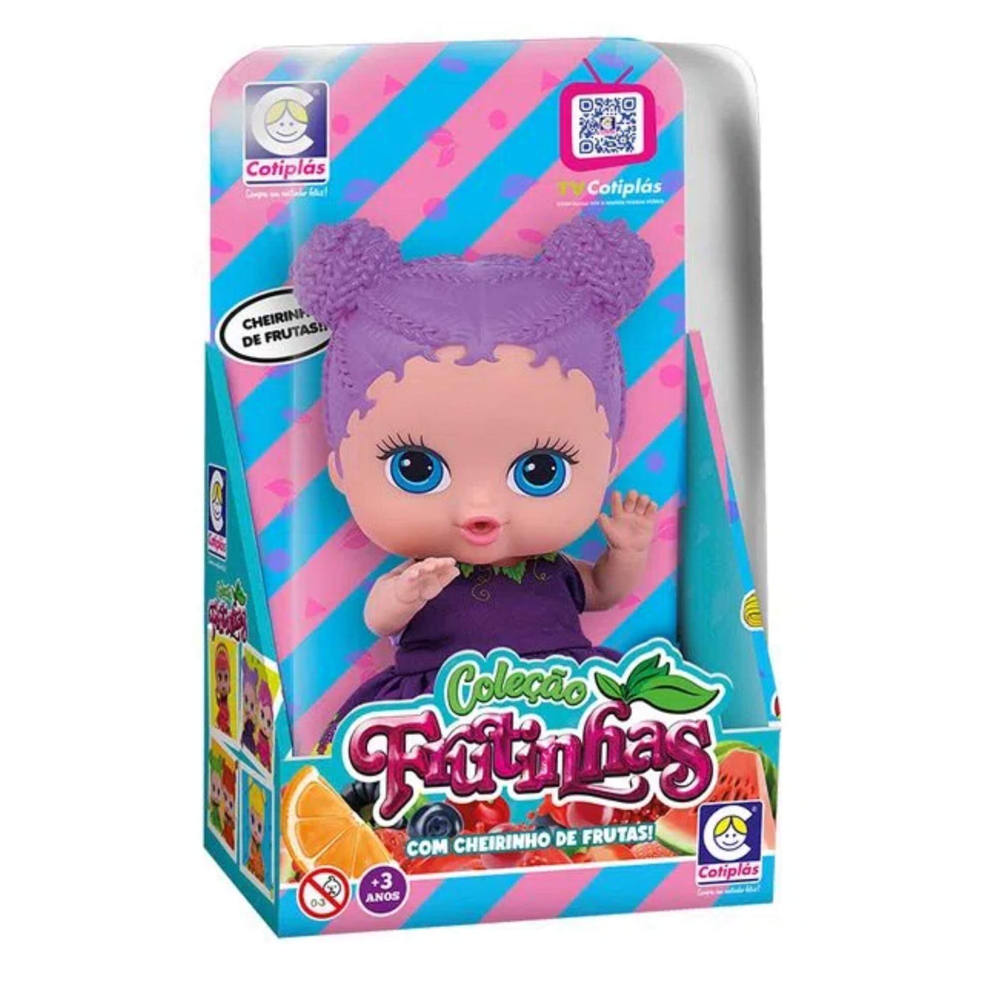 Brinquedo Boneca Coleção Frutinhas Uva Cheirinho de Frutas 19cm Plástico Vinil Roxo Cotiplas-2510