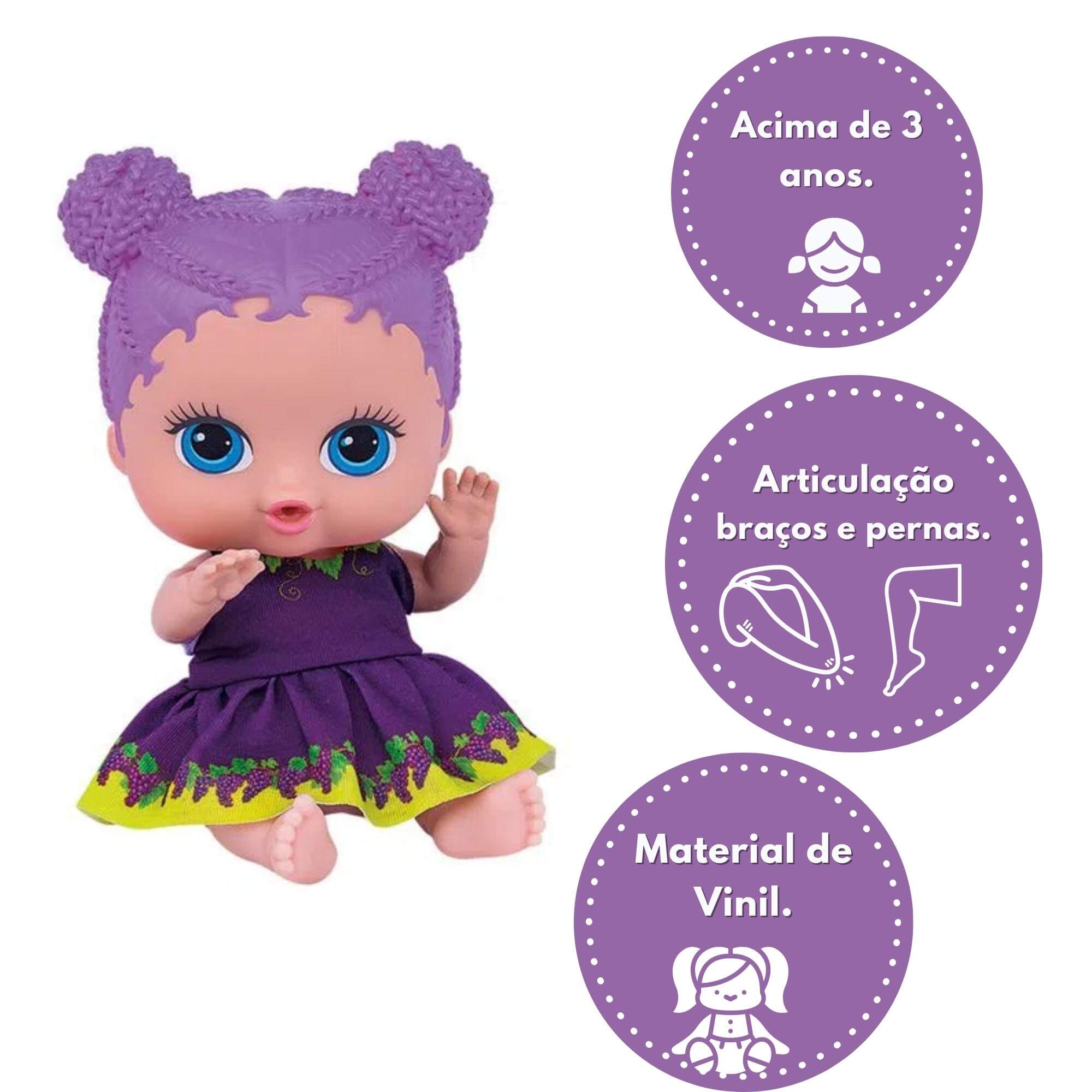 Brinquedo Boneca Coleção Frutinhas Uva Cheirinho de Frutas 19cm Plástico Vinil Roxo Cotiplas-2510