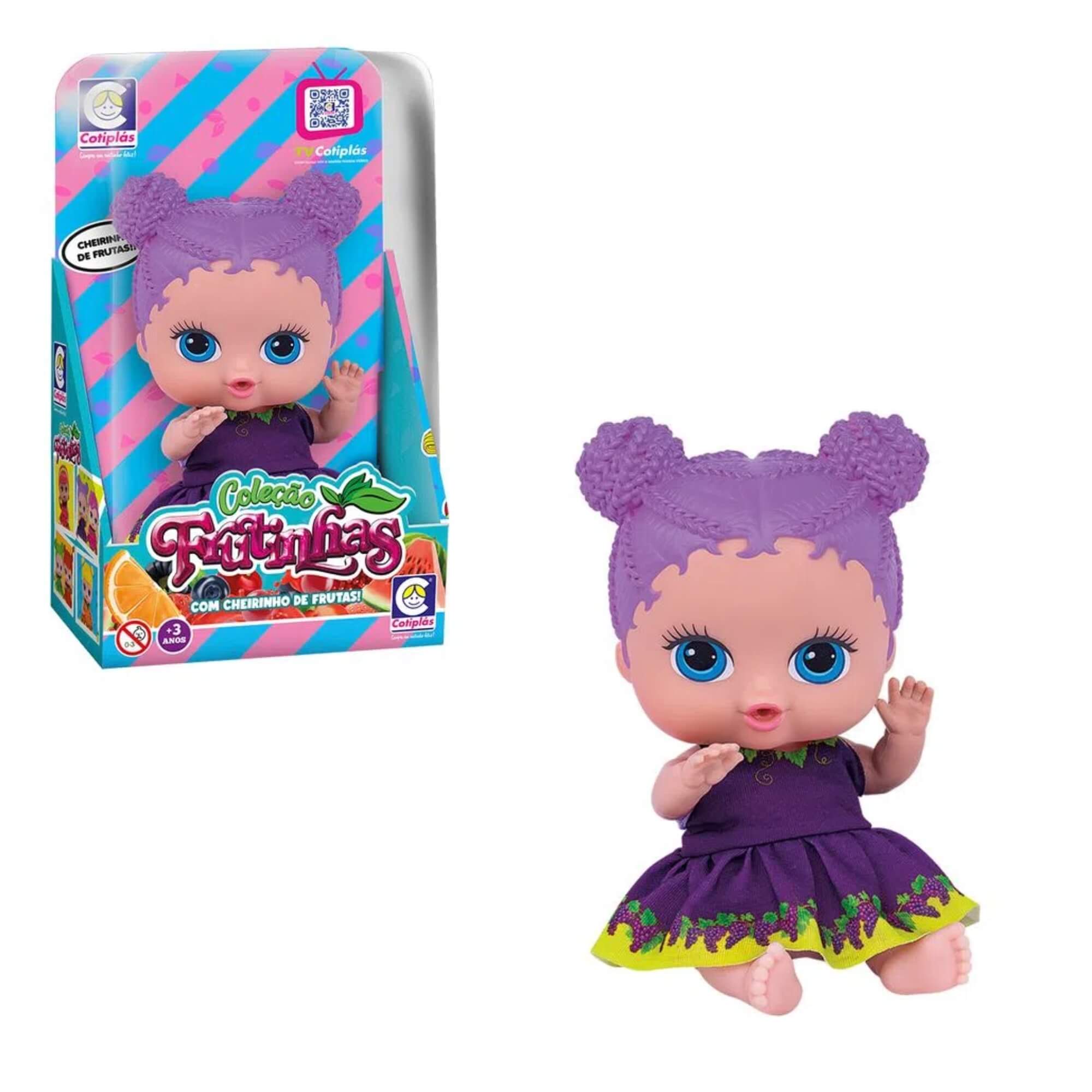 Brinquedo Boneca Coleção Frutinhas Uva Cheirinho de Frutas 19cm Plástico Vinil Roxo Cotiplas-2510