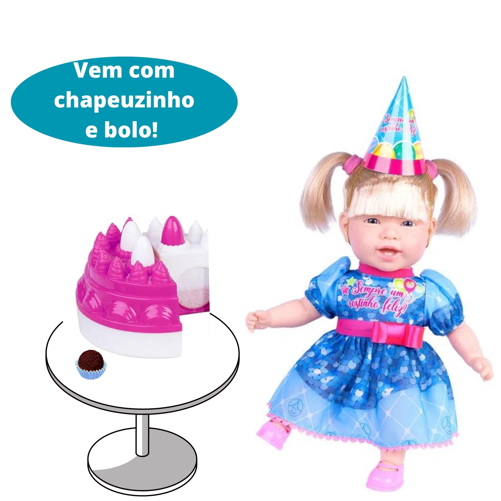 Brinquedo Boneca Sonho Azul Feliz Aniversário Vinil 39cm Azul ou Rosa Sortido Cotiplas-2553