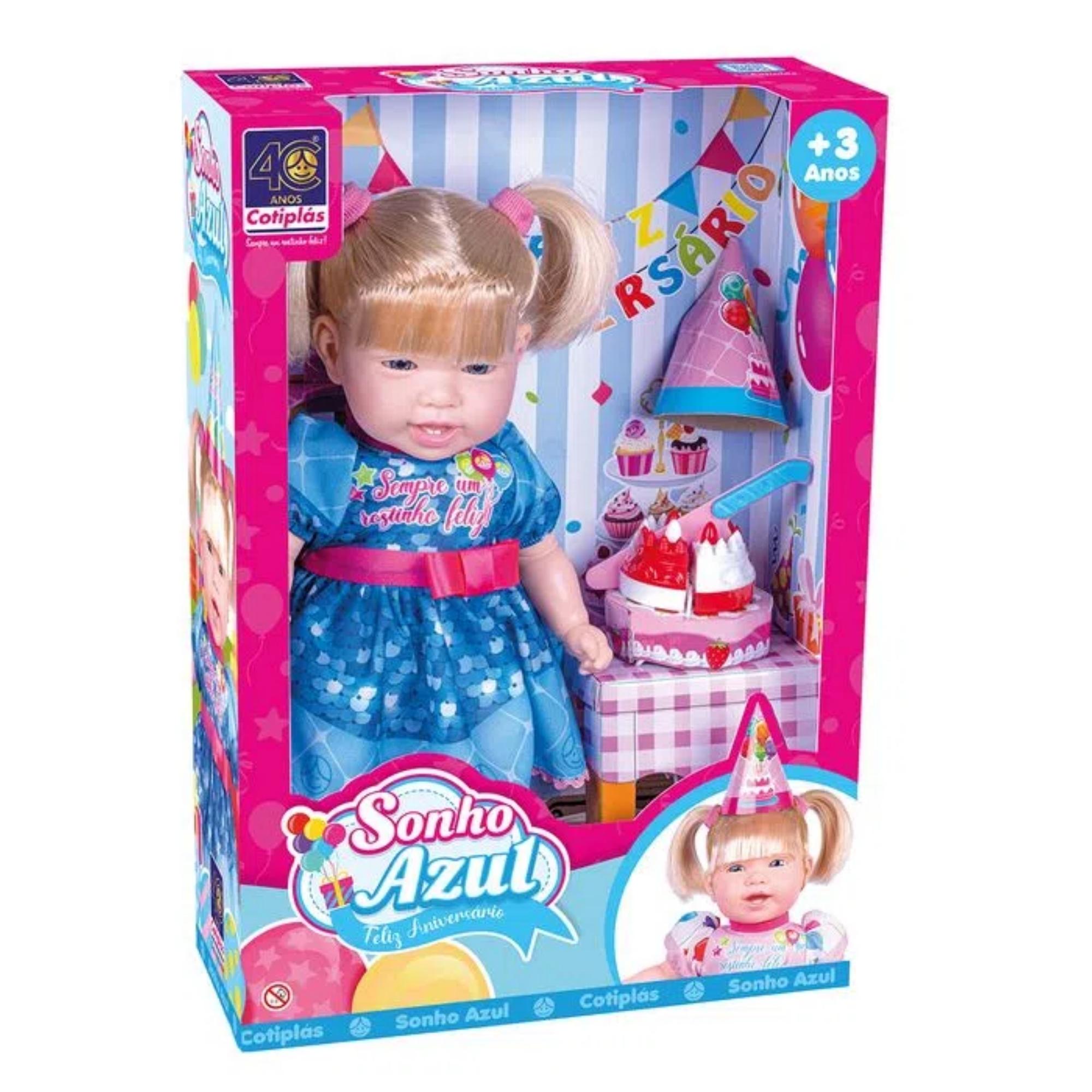 Brinquedo Boneca Sonho Azul Feliz Aniversário Vinil 39cm Azul ou Rosa Sortido Cotiplas-2553