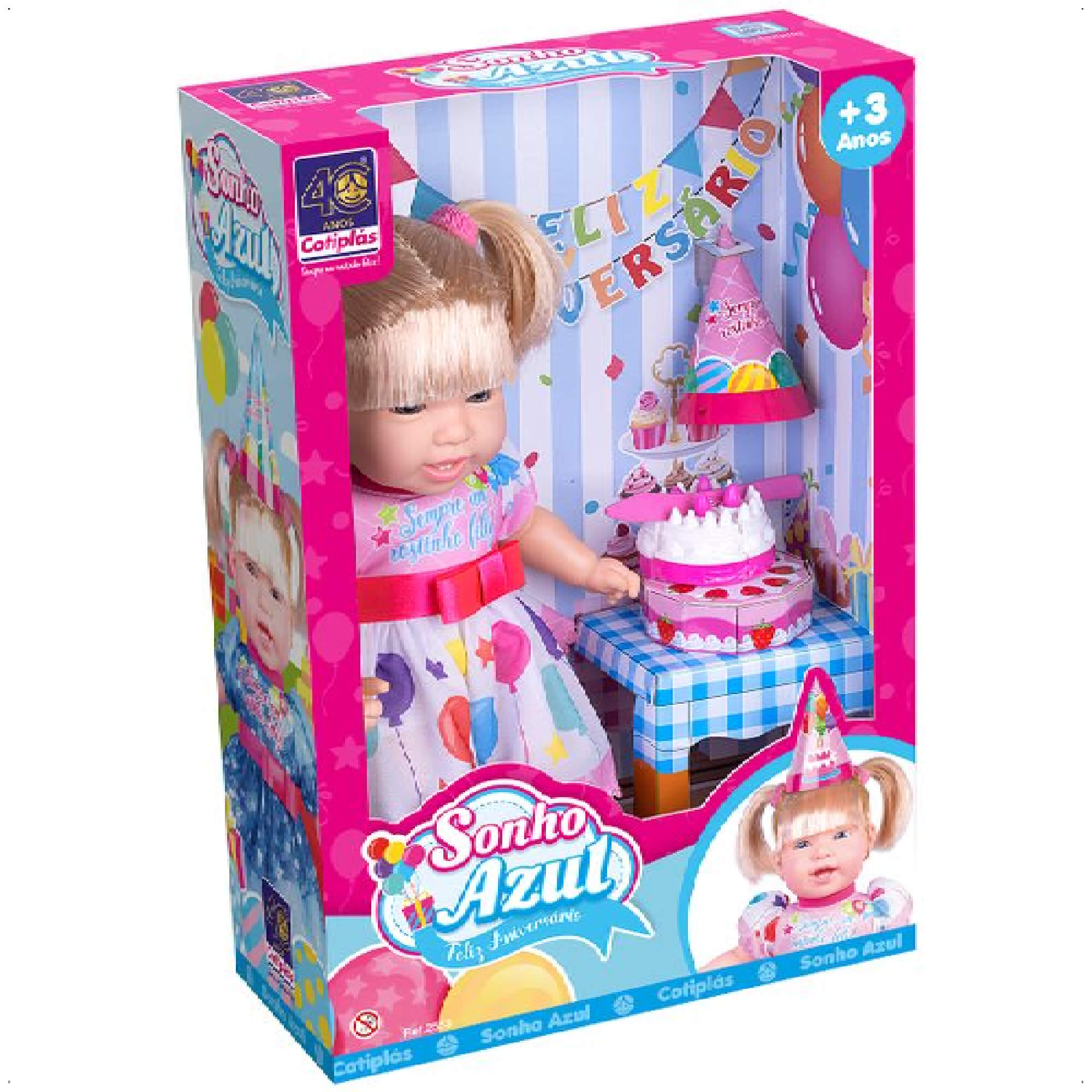 Brinquedo Boneca Sonho Azul Feliz Aniversário Vinil 39cm Azul ou Rosa Sortido Cotiplas-2553