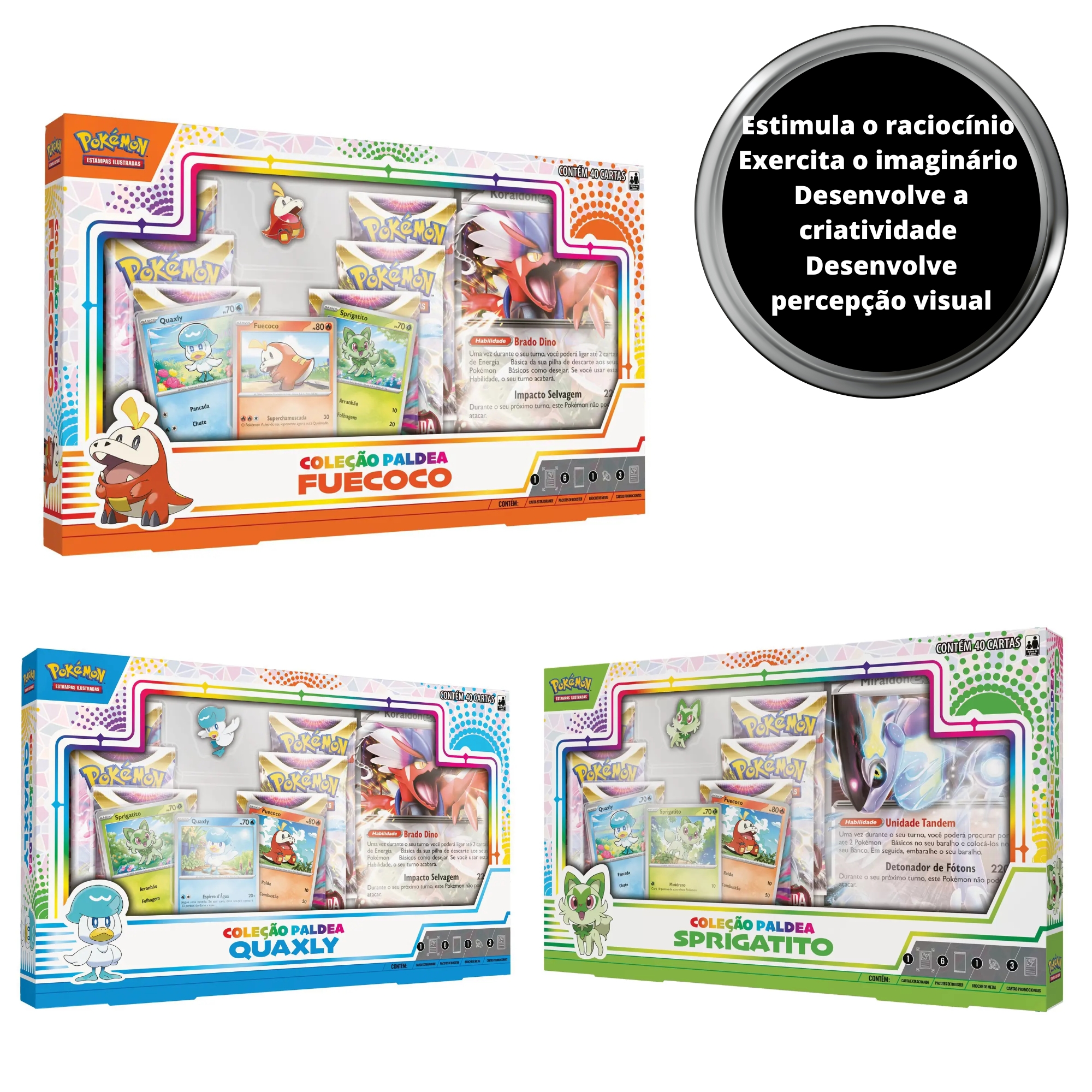 Pokemon TCG Estampas Ilustradas Kit com 3 Boxes Coleção Paldea 40 Cartas Copag - 32528