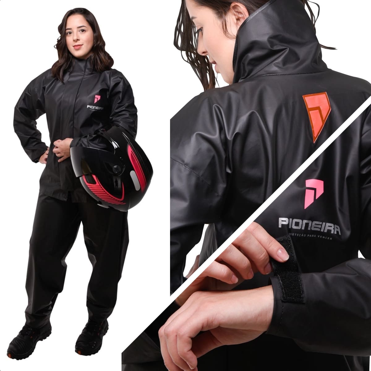 Conjunto Capa de chuva Feminina Motoqueiro Tamanho XG PVC 0,28mm Gola Pioneira-2900-F-PRE-XG
