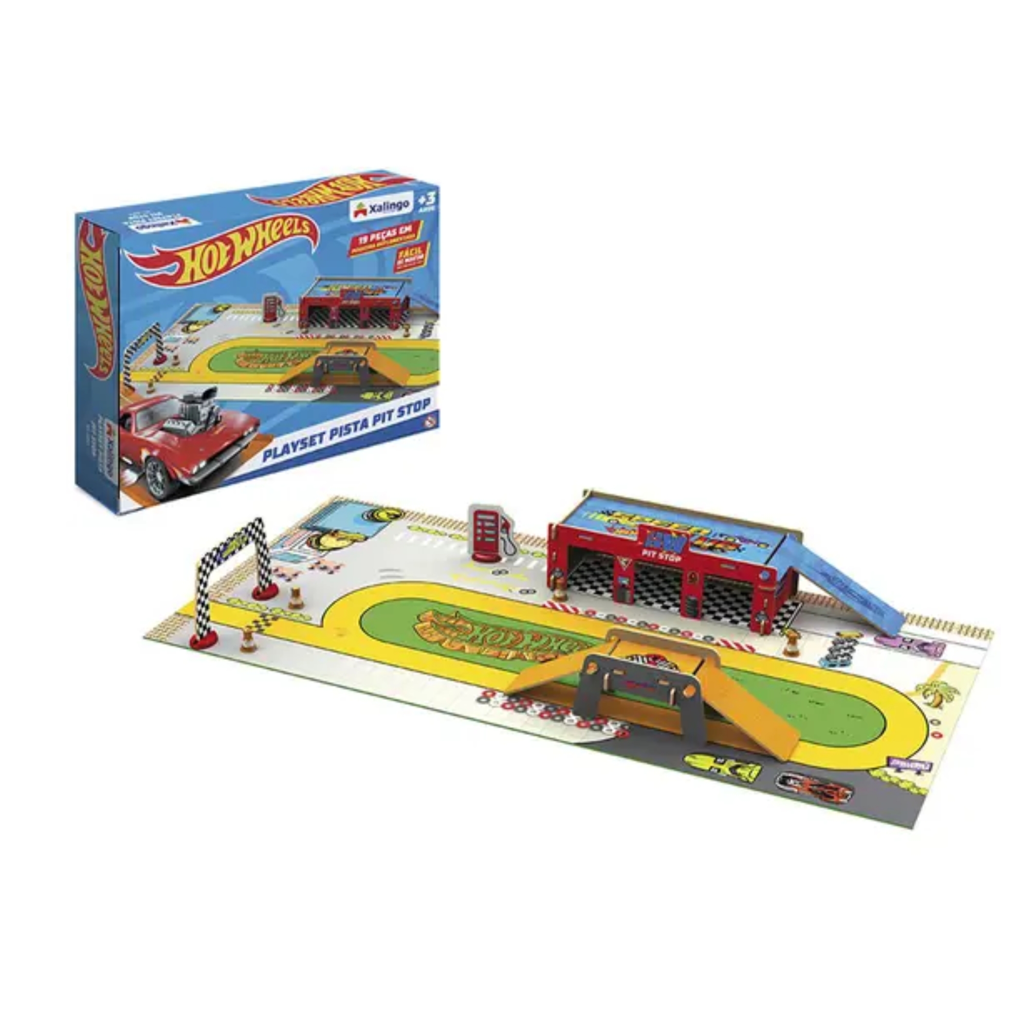 Jogo Playset Pista Shop Hot Wheels em Madeira Reflorestada 19 Peças Xalingo - 23265